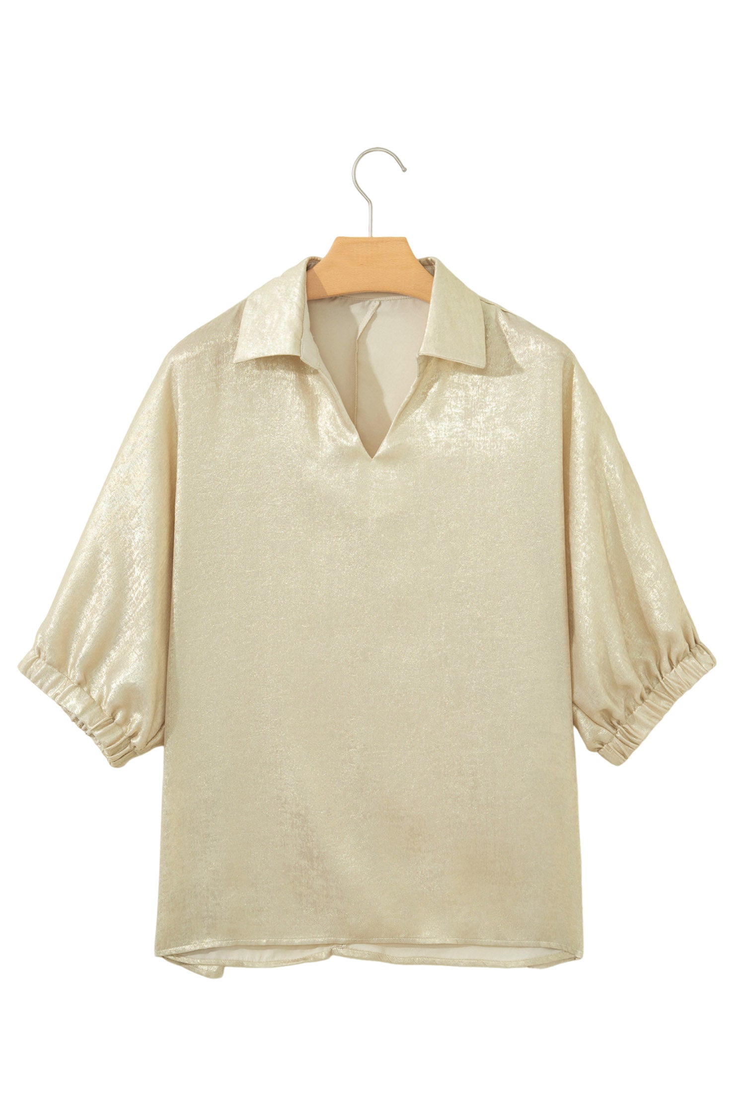Collared V-Neck Half Sleeve Metallic Top