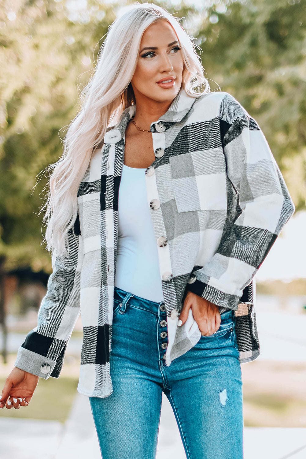 Khaki Plaid Colour Block Buttoned Long Sleeve Jacket with Pocket Beagle Boutique Fashion Outlet