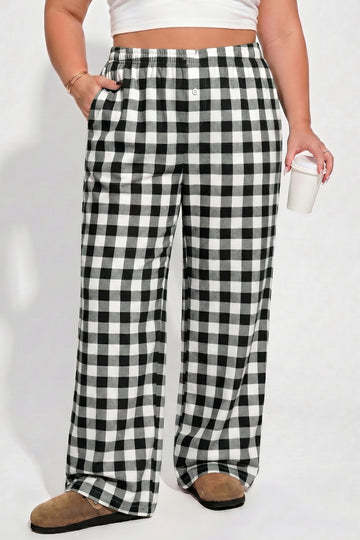 Plus Size Plaid Pattern Elastic Waist Shift Pants – Black