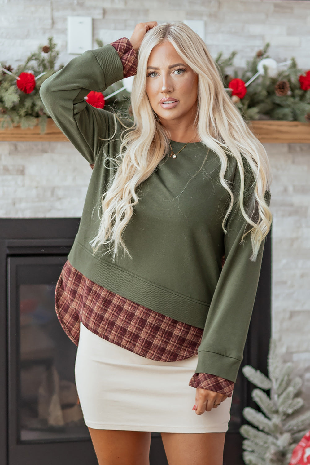 Green Plaid Patchwork Drop Shoulder Sweatshirt - eAura