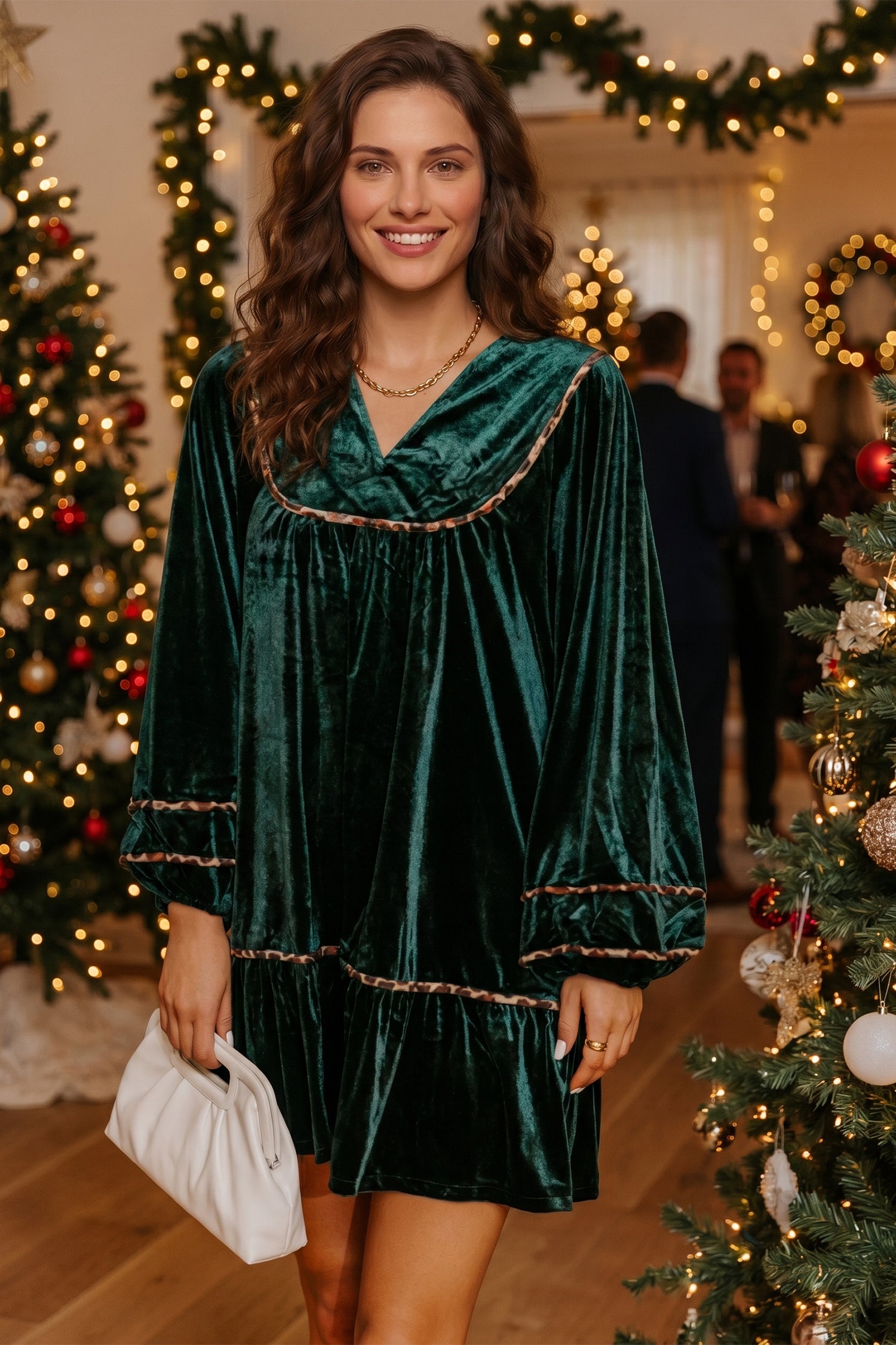 Leopard Trim Velvet Long Sleeve Shift Dress – Blackish Green