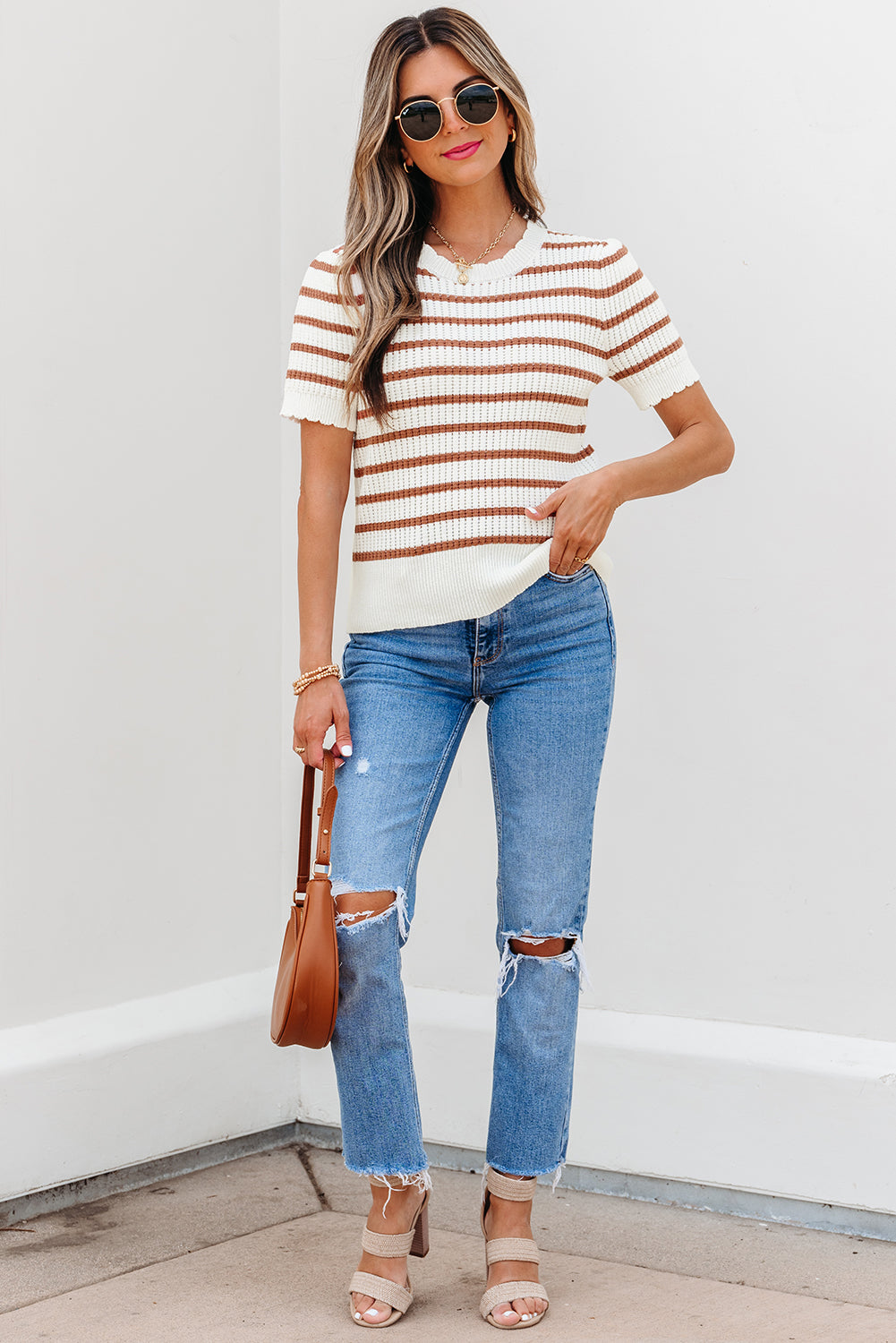 Khaki Stripe Scalloped Round Neck Short Sleeve Sweater eAura