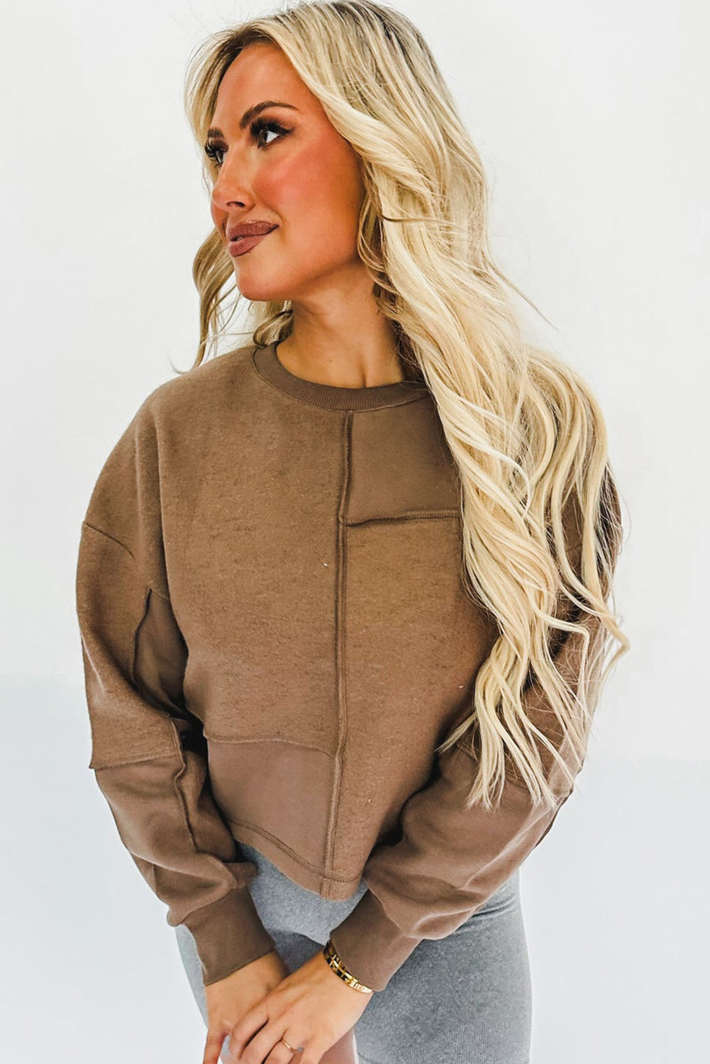 Coffee Solid Exposed Seam Pullover Sweatshirt eAura
