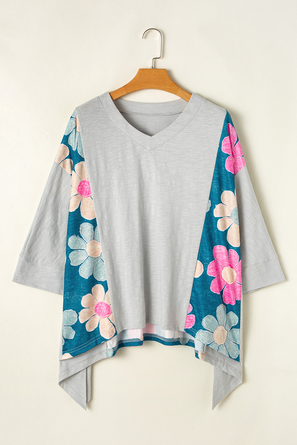 Pink Flower Patchwork Exposed Seam Oversized High Low Top eAura