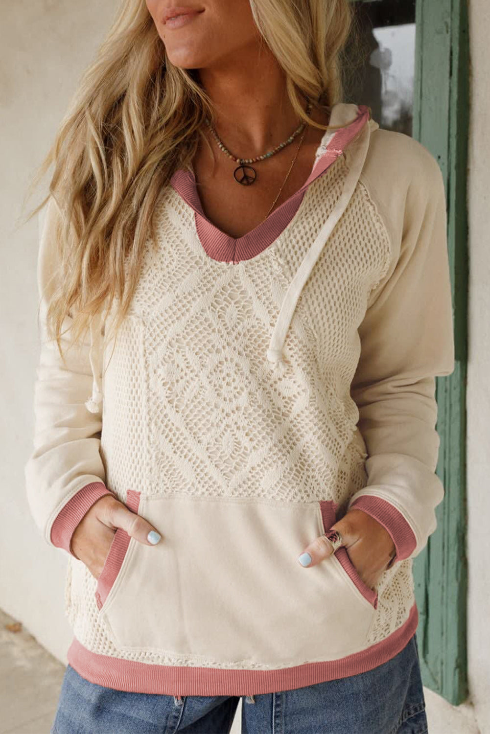 Contrast Trim Crochet Knit Exposed Seam Hoodie - eAura