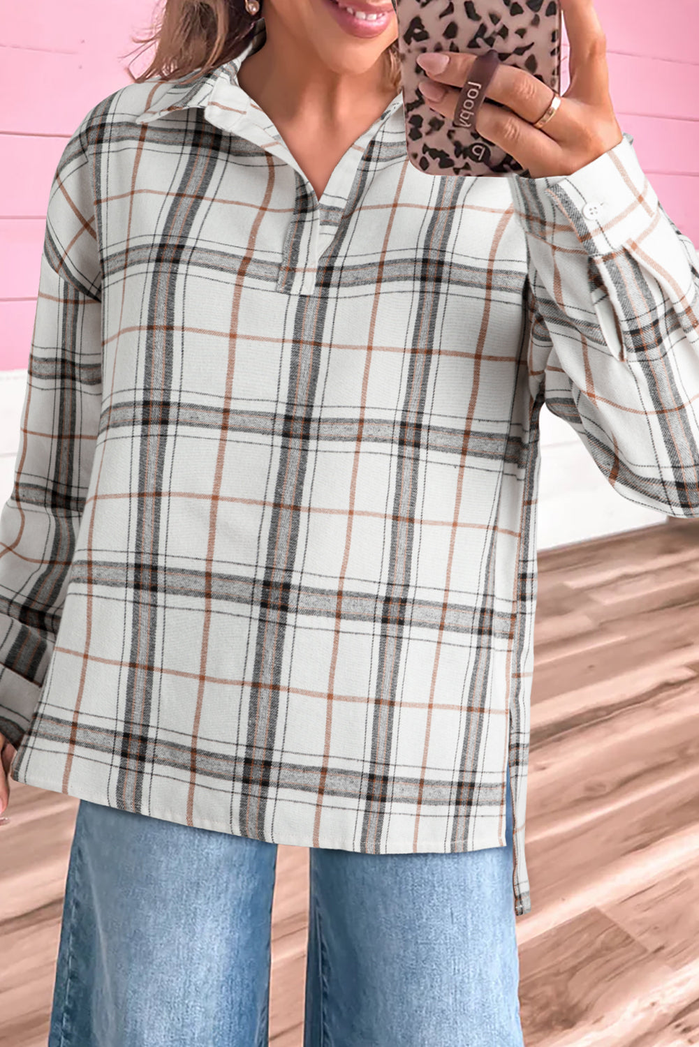 Red Plaid Print Collared V-Neck Oversized Blouse with Side Slits - White / S - Tops/Blouses & Shirts