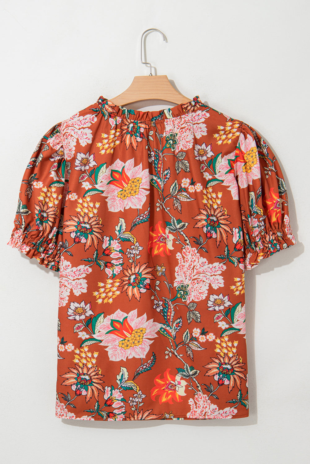 Brown Floral Stitched V Neck Frilled Trim Puff Short Sleeve Blouse BB Fashion Outlet
