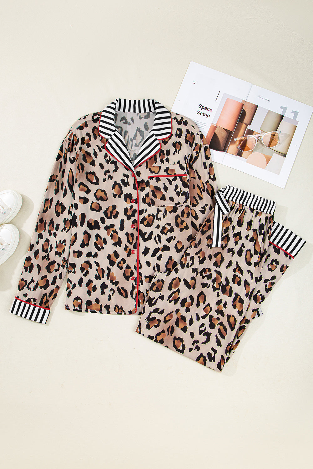 Leopard Print Striped Edge Shirt Pyjama Set - eAura