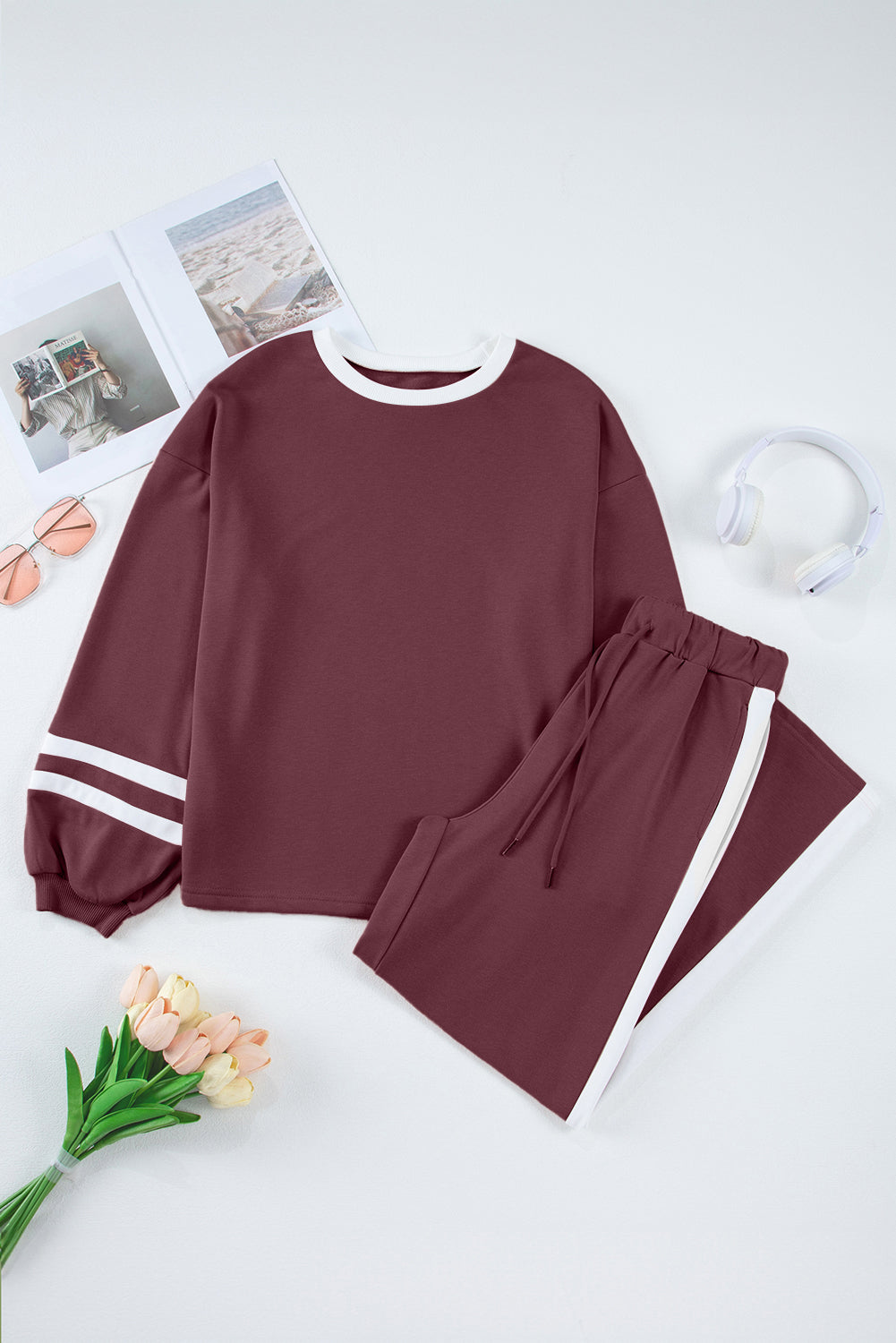 Varsity Striped Puff Sleeve Pullover & Drawstring Wide Leg Trouser Co-ord Set - eAura