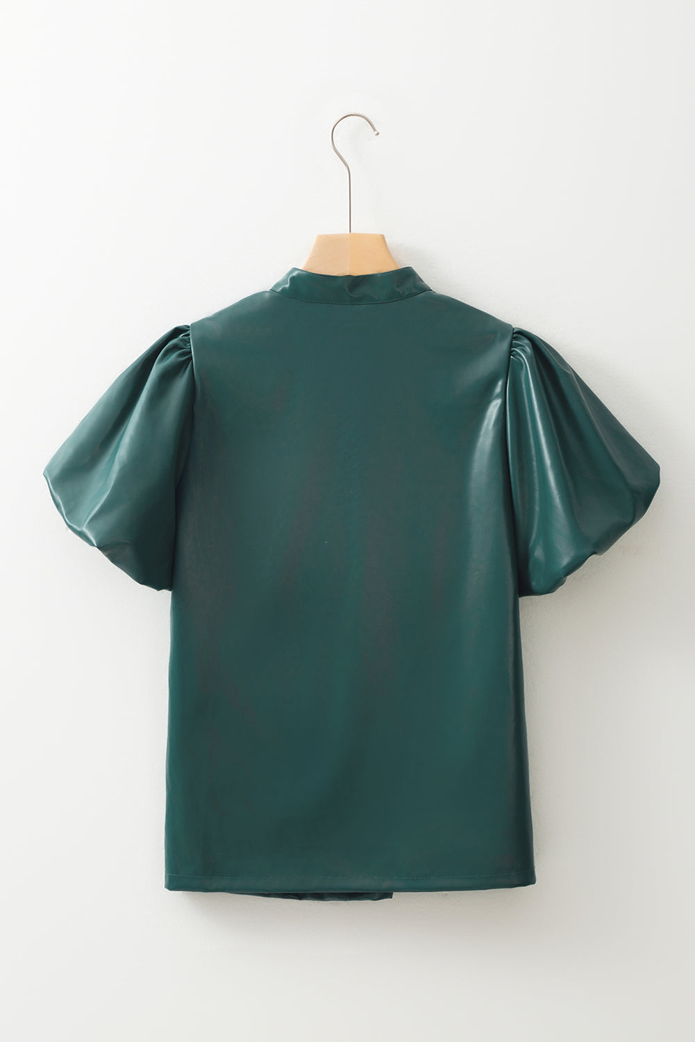 Sea Green Notched V Neck Short Puff Sleeve PU Leather Blouse eAura