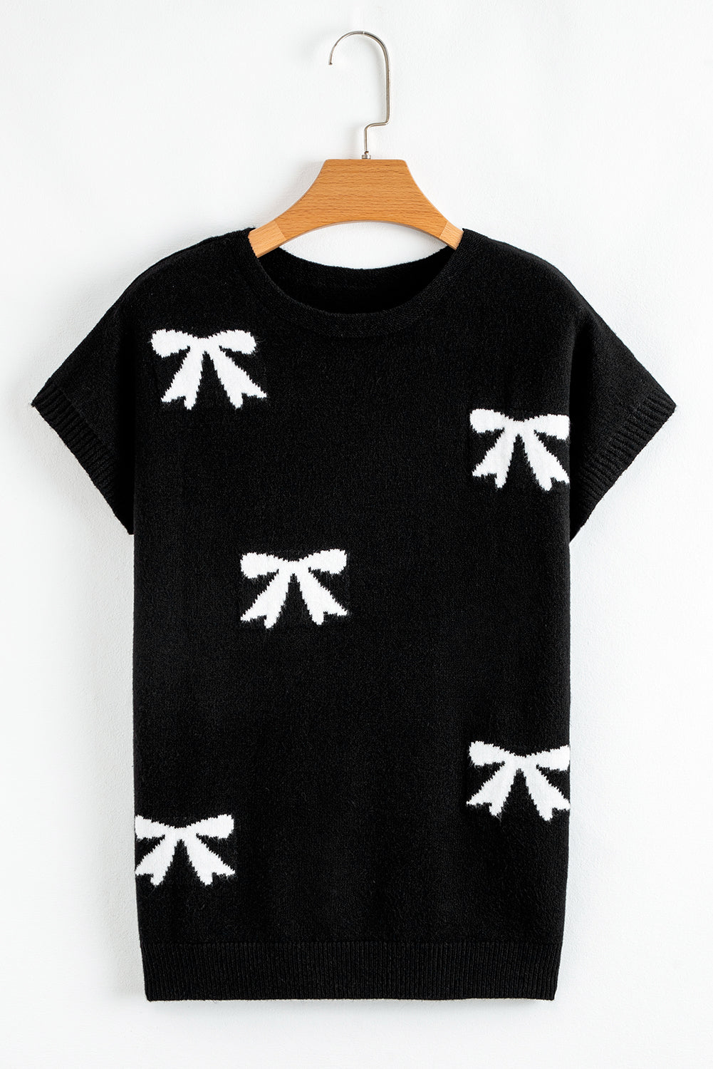 Bow Pattern Knit Short Sleeve Black Sweater eAura