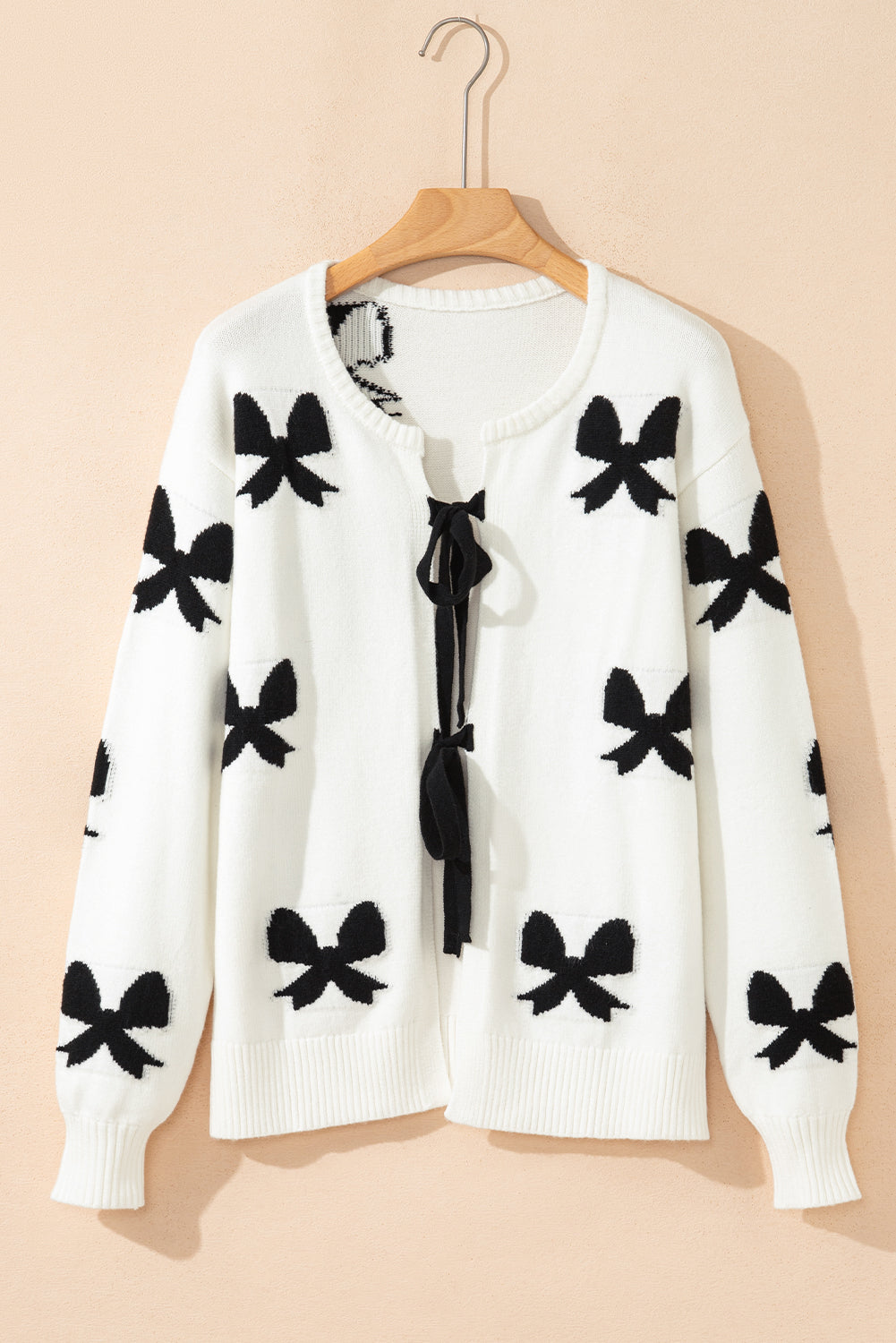 White Lace-up Bow Pattern Sweater Cardigan - eAura