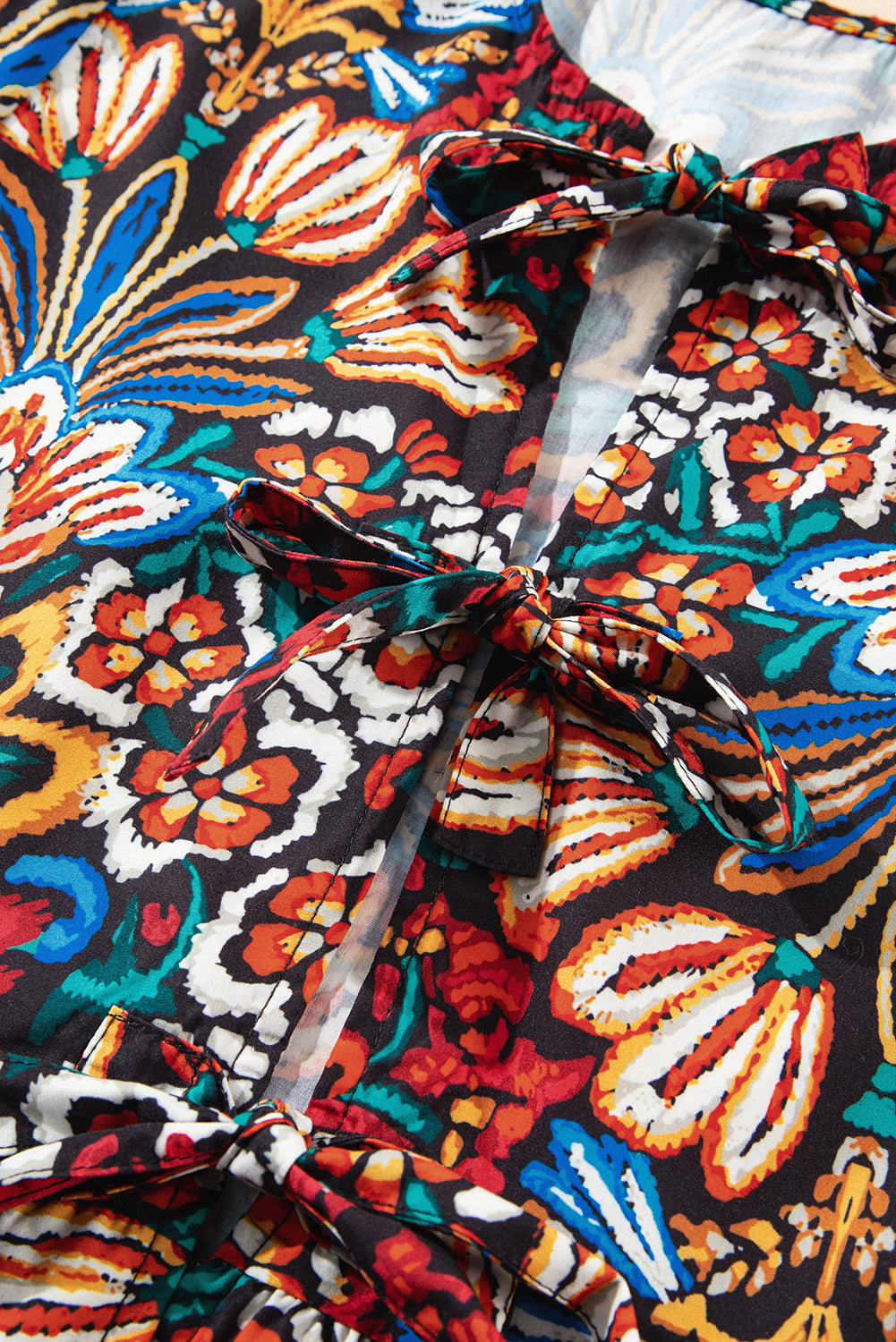Black Tropical Print Bubble Sleeve Knot Front Blouse eAura