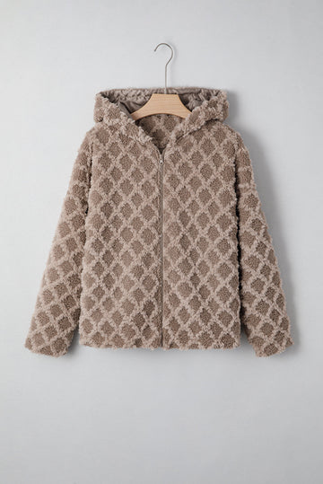 Sherpa Diamond Pattern Zip-Up Side Pocket Hooded Jacket - Outerwear/Jackets