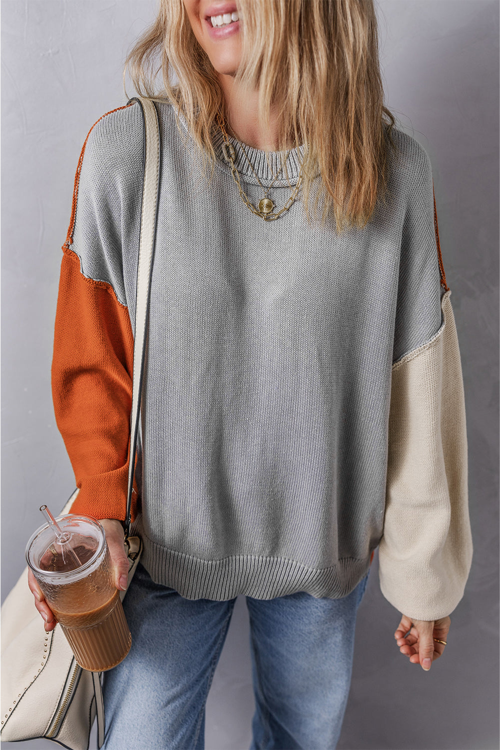 Pink Colourblock Bishop Sleeve Ribbed Trim Sweater eAura
