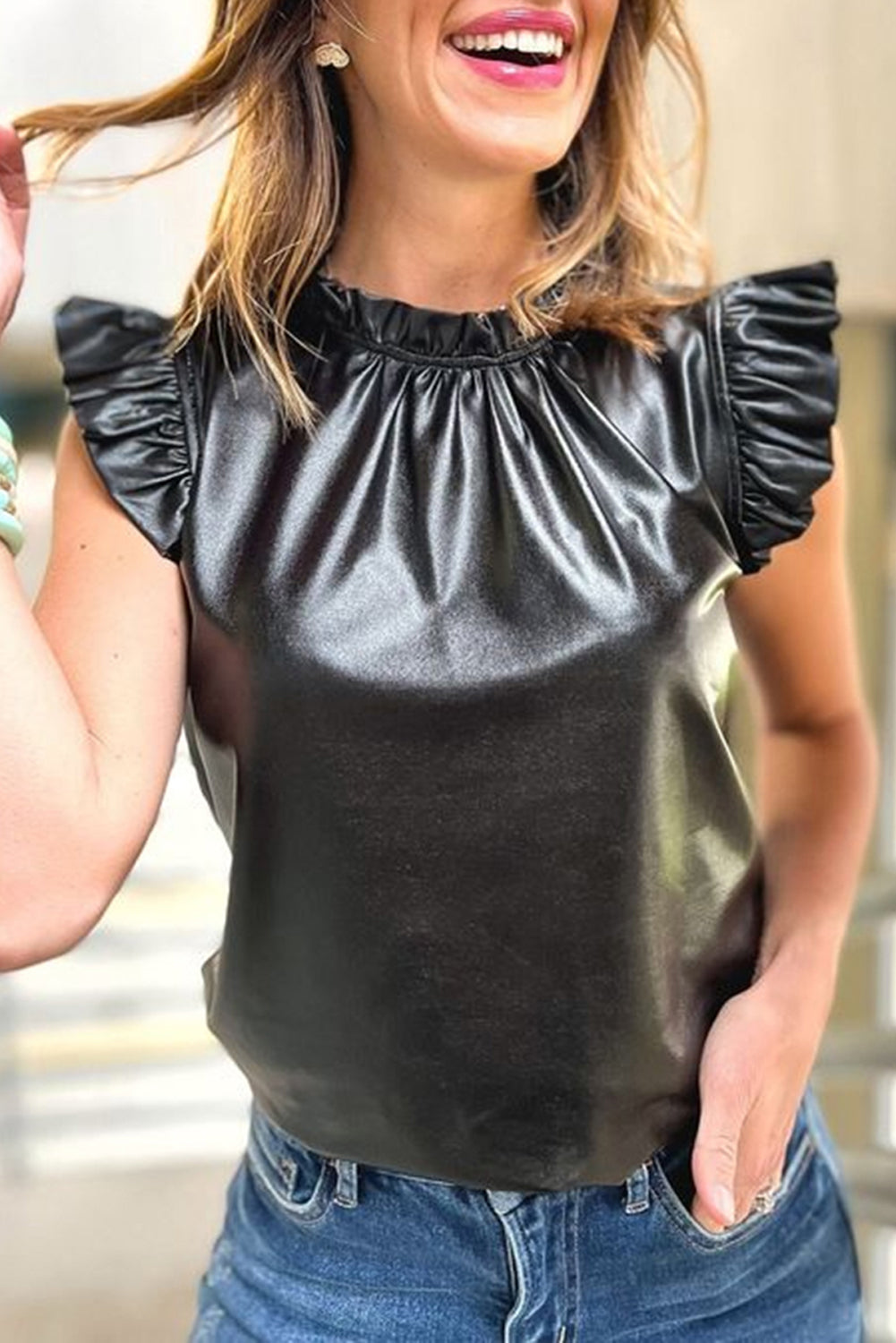 Black PU Leather Frilly Ruffle Trim Blouse eAura
