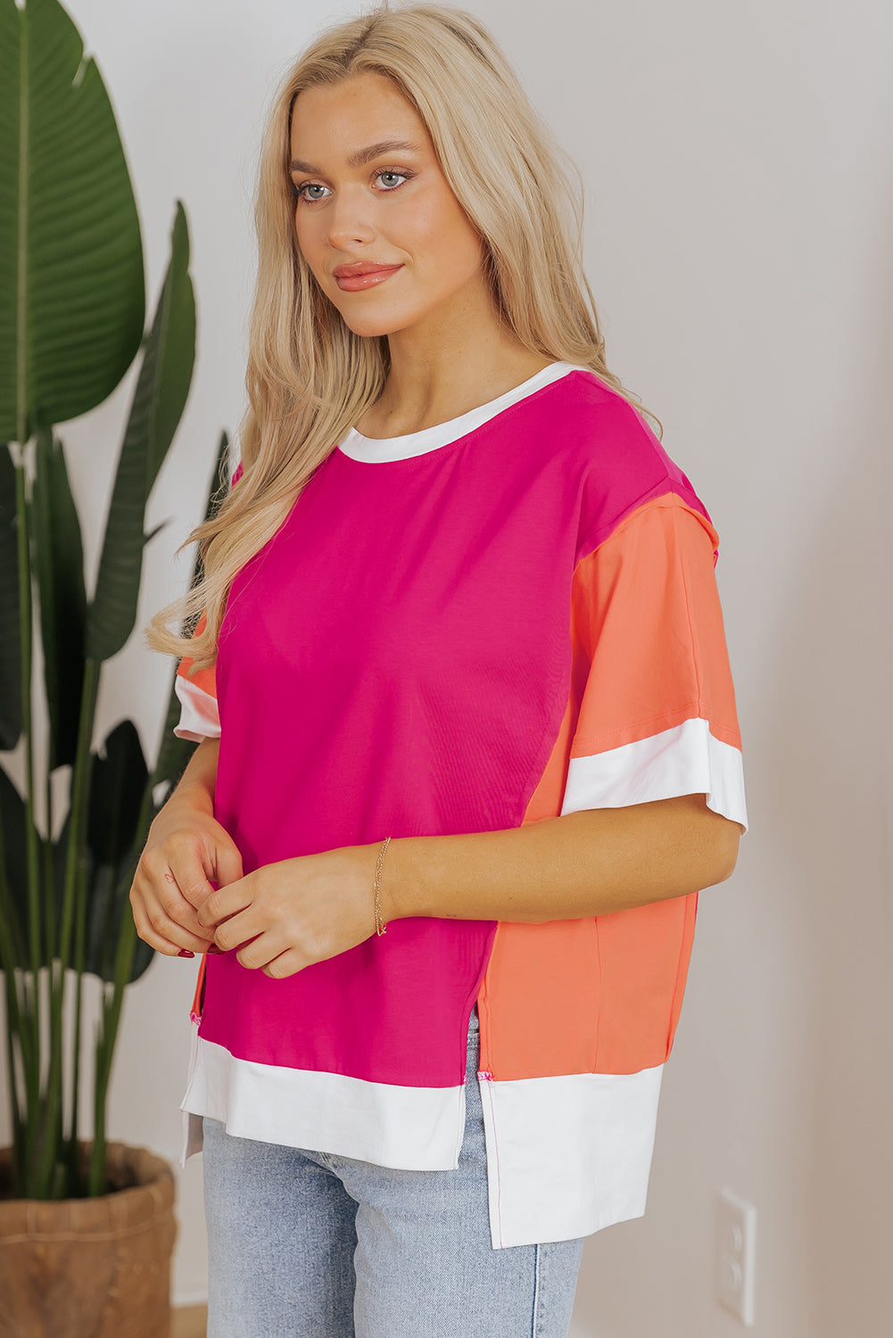 Rose Red Colour Block Patchwork Side Slits Loose Fit T Shirt eAura