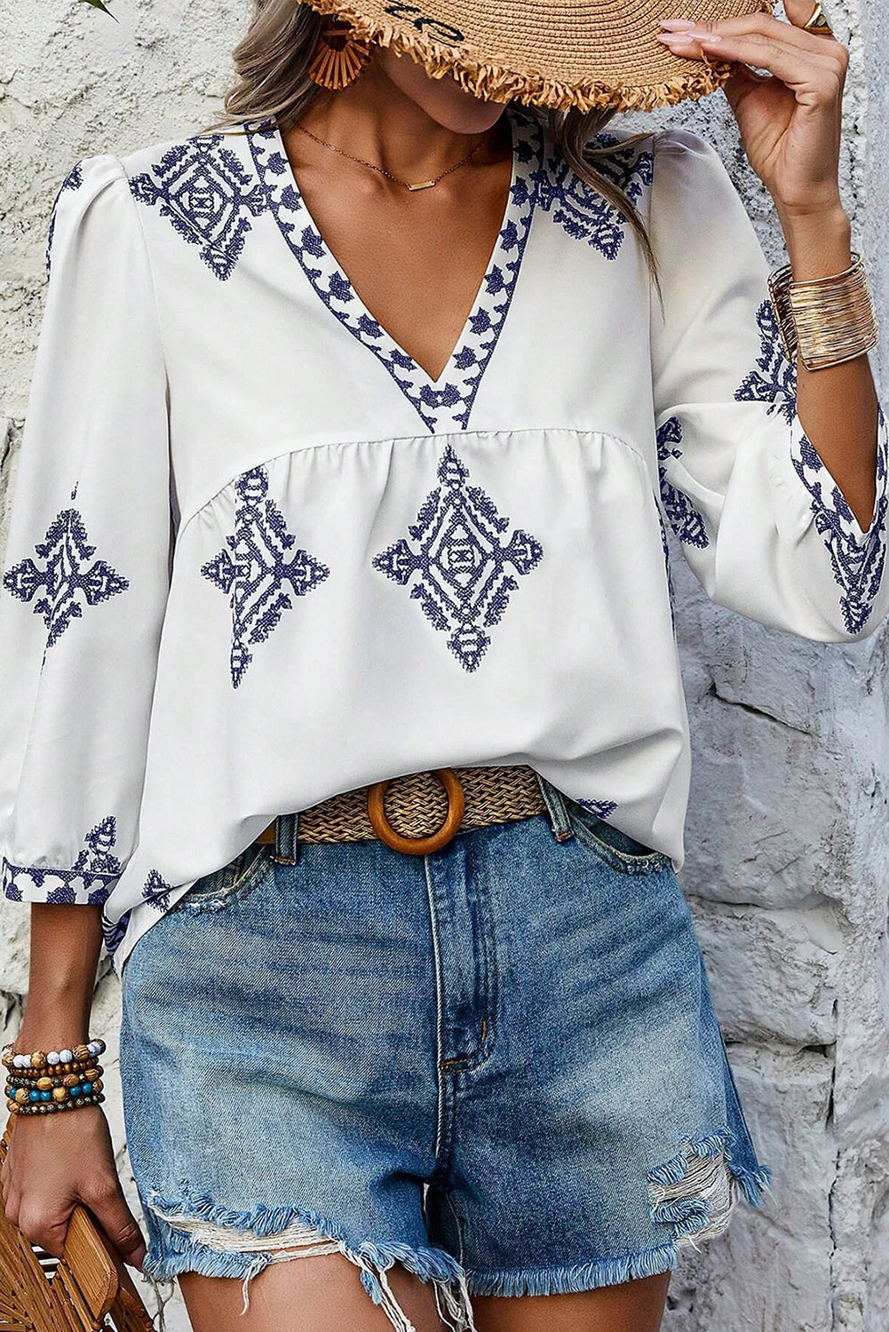 White Boho Geometric Print Bracelet Sleeve V Neck Blouse eAura