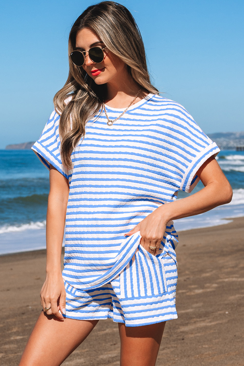 Black Stripe Knitted Short Sleeve Top and Drawstring Shorts Set eAura