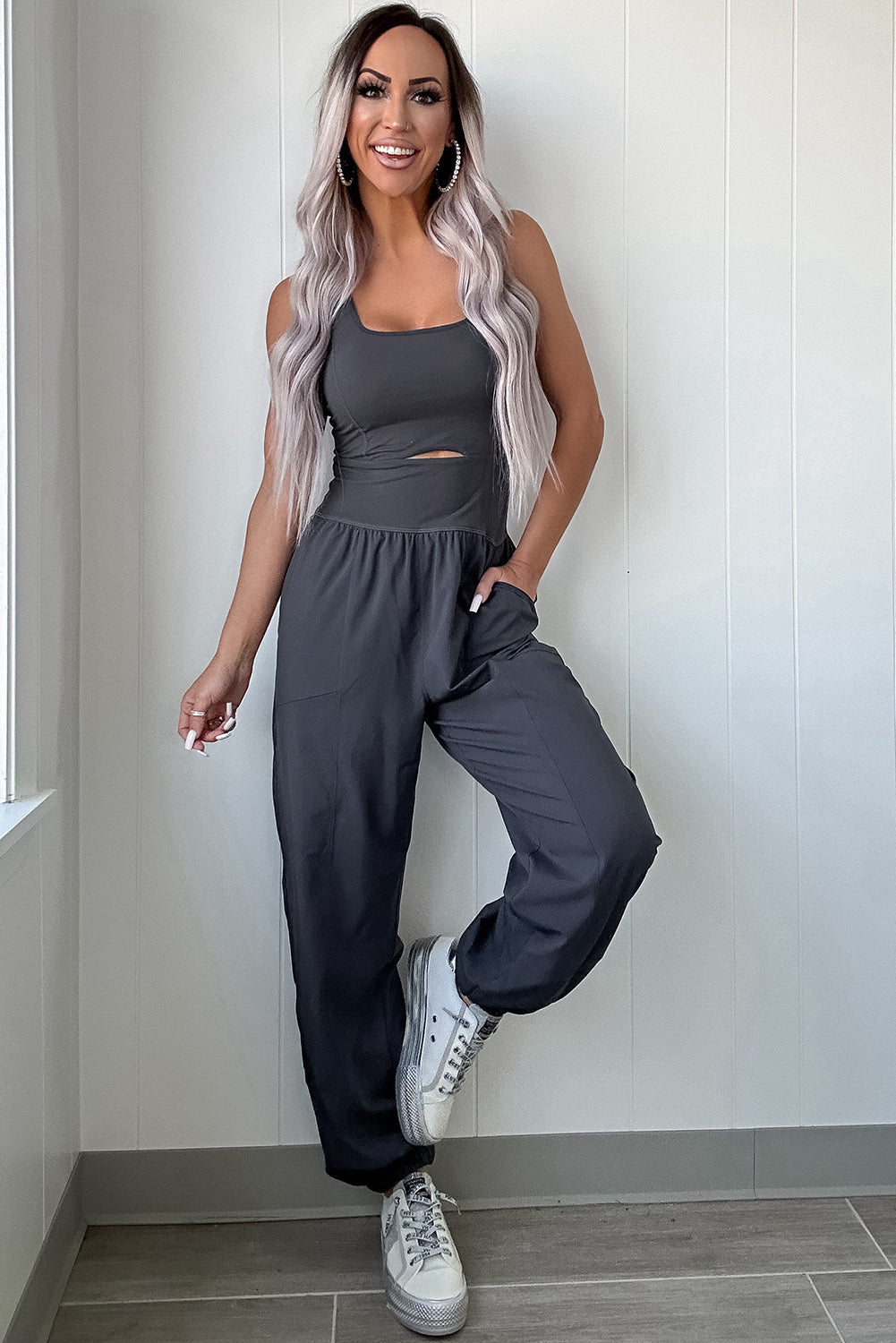 Carbon Grey Back Crossed Straps Hollow Out Jogger Jumpsuit eAura