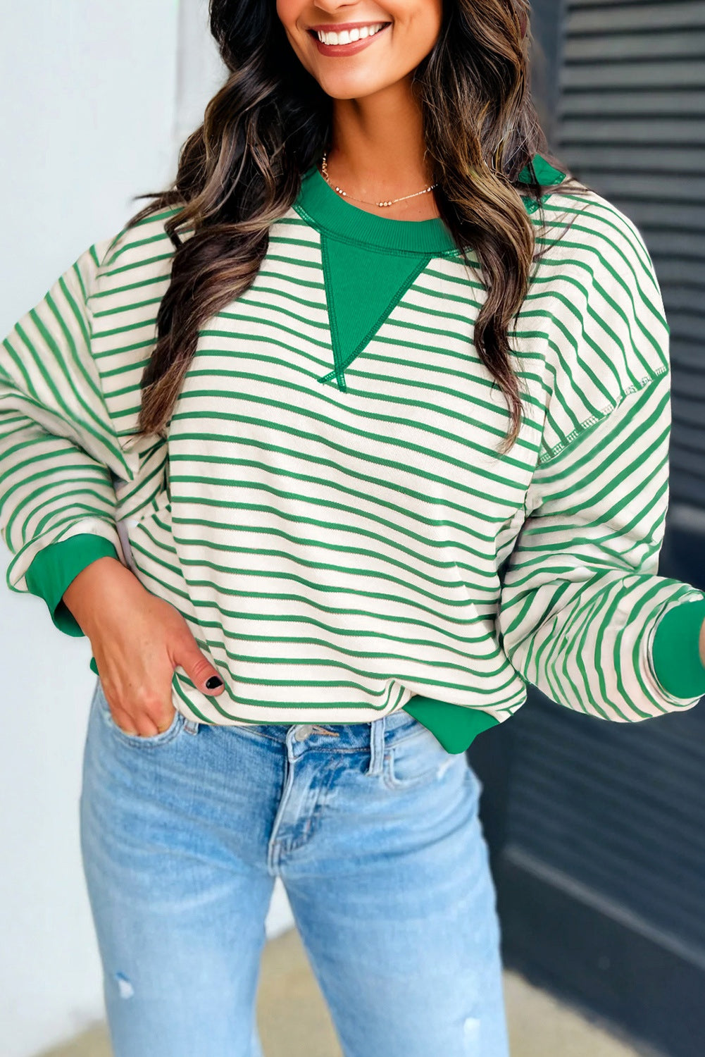 Green Striped Exposed Seam Pullover Top - eAura