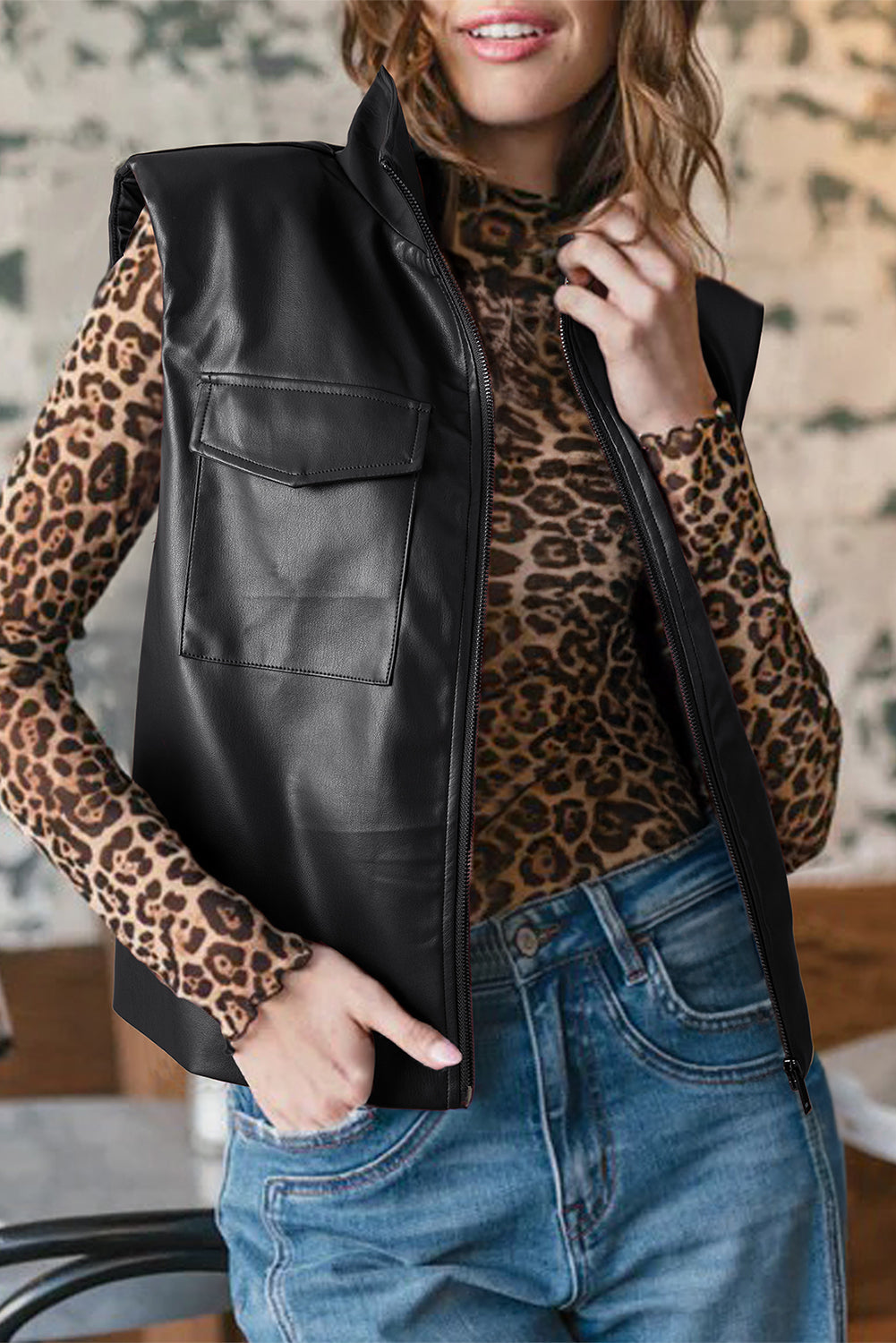 Black Double Flap Pocket Faux Leather Zip Up Stand Neck Vest eAura