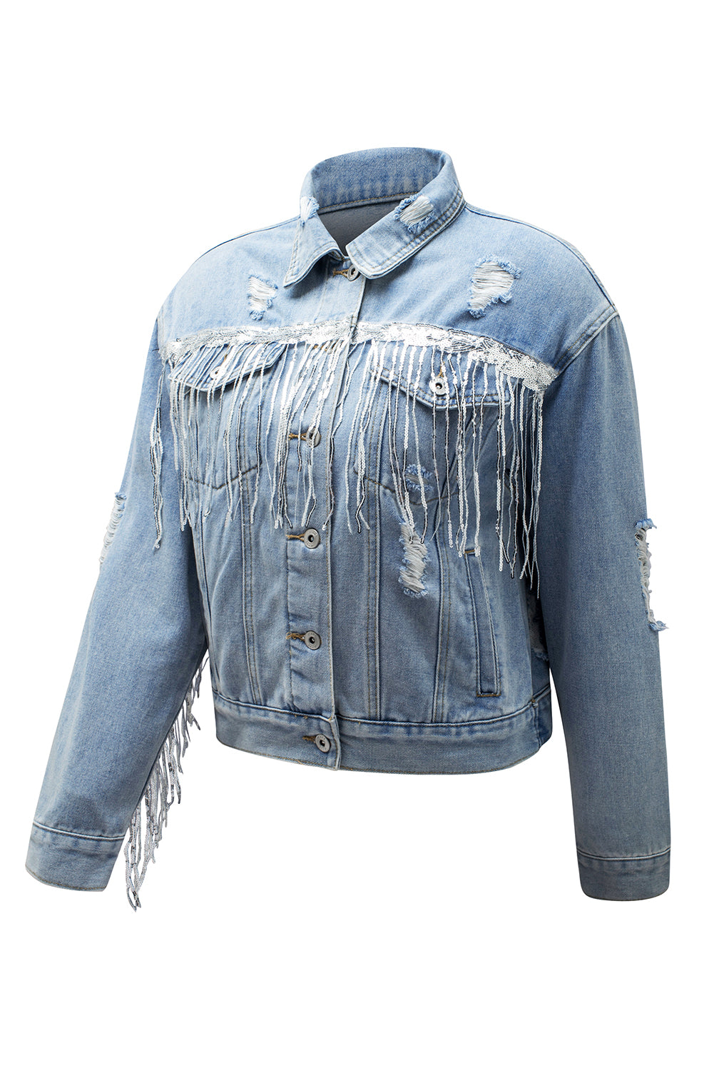 Sky Blue Sequin Embellished Fringe Distressed Denim Jacket Beagle Boutique Fashion Outlet