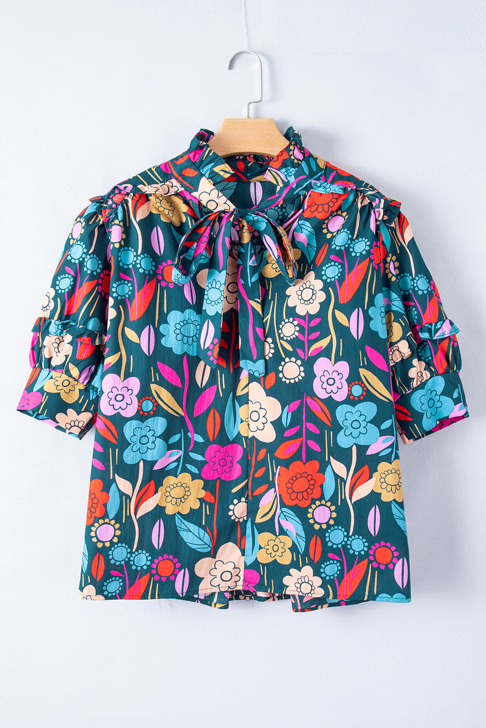 Green Floral Print Puff Sleeve Tied V Neck Blouse eAura