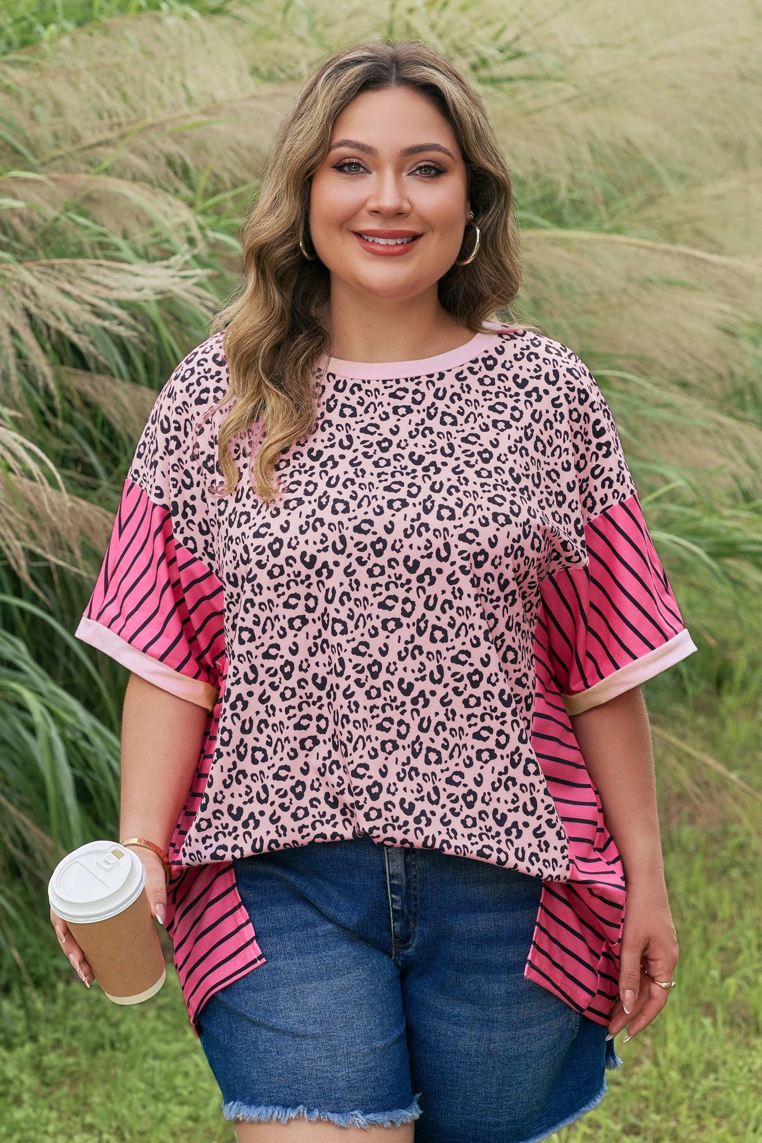 Plus Size Leopard Striped Contrast Patchwork Tee – Pink