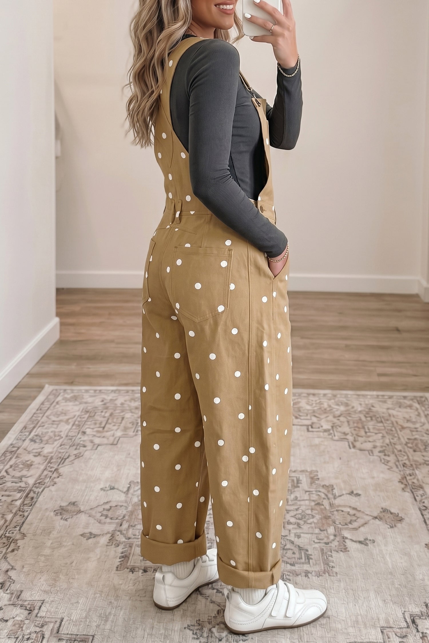 Polka Dot Print Bib Pocket Denim Barrel Overalls