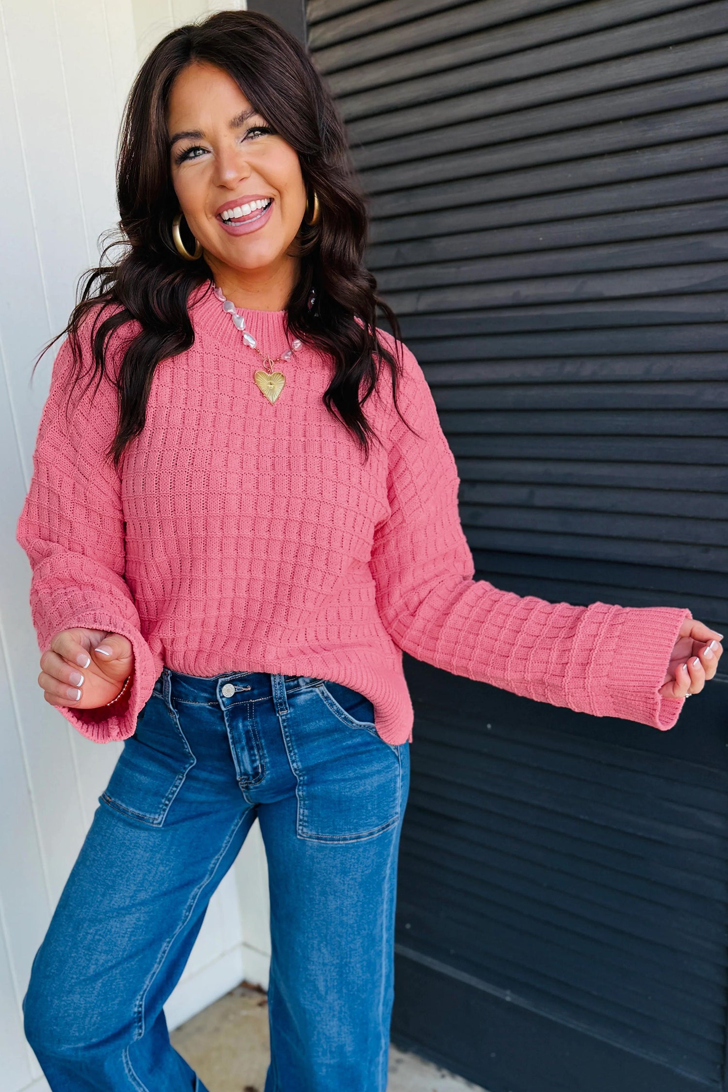 Drop Shoulder Long Sleeve Knit Regular Fit Sweater – Peach Blossom