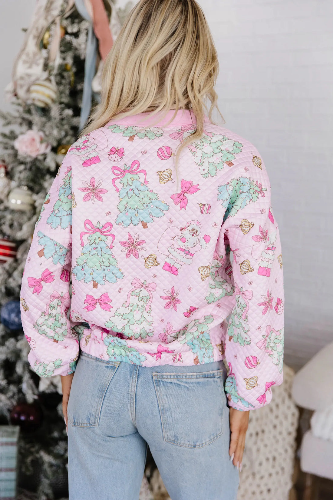 Sweatshirt Quilted Collar Half-Button Loose Christmas Print