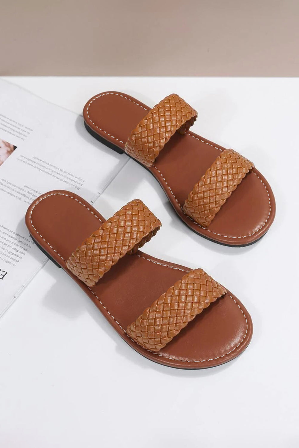 Chestnut Braided Double Band Leathered Flat Sandals Beagle Boutique Fashion Outlet