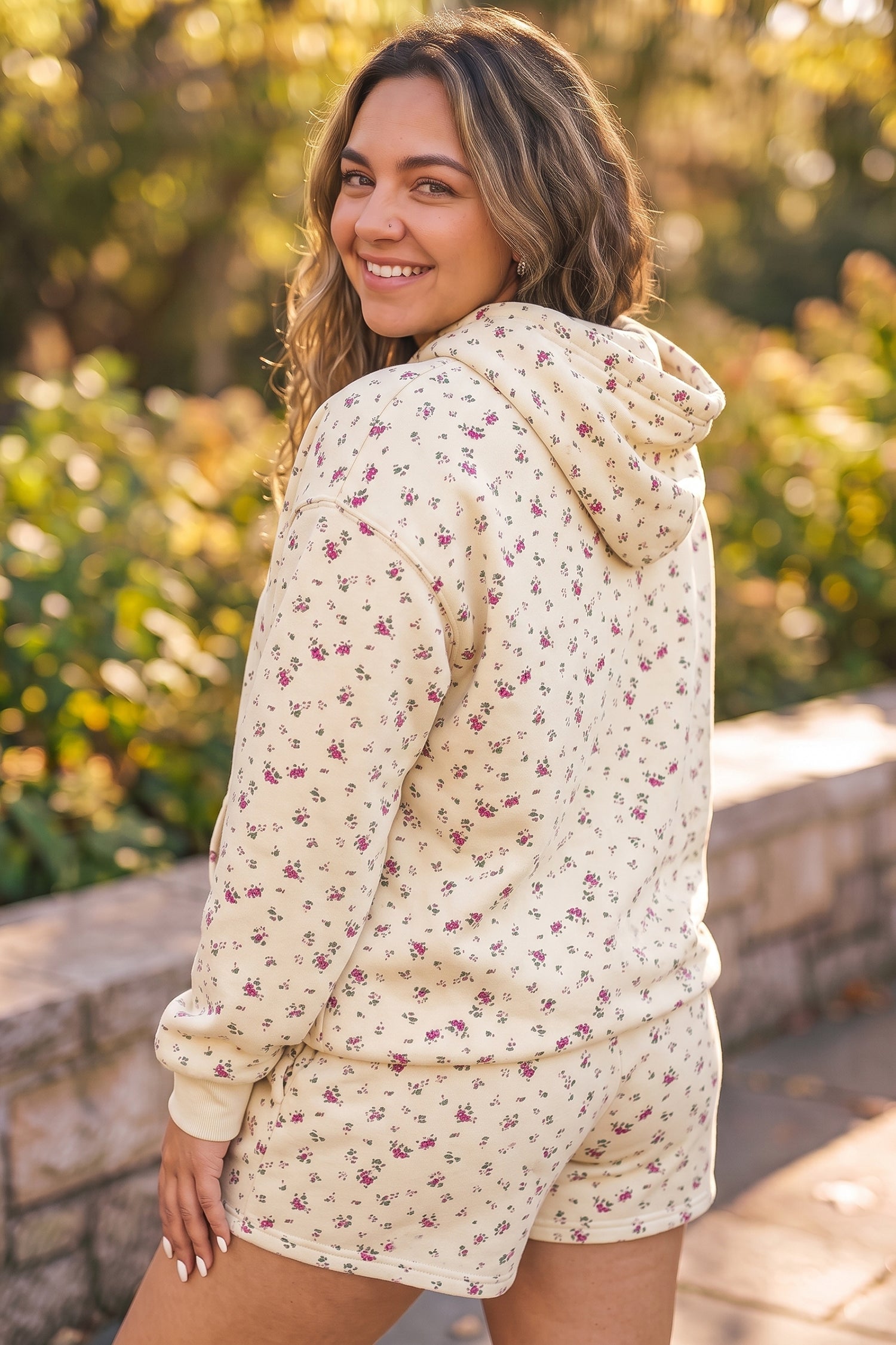 Floral Print Hooded Long Sleeve Plus Size Set – Beige