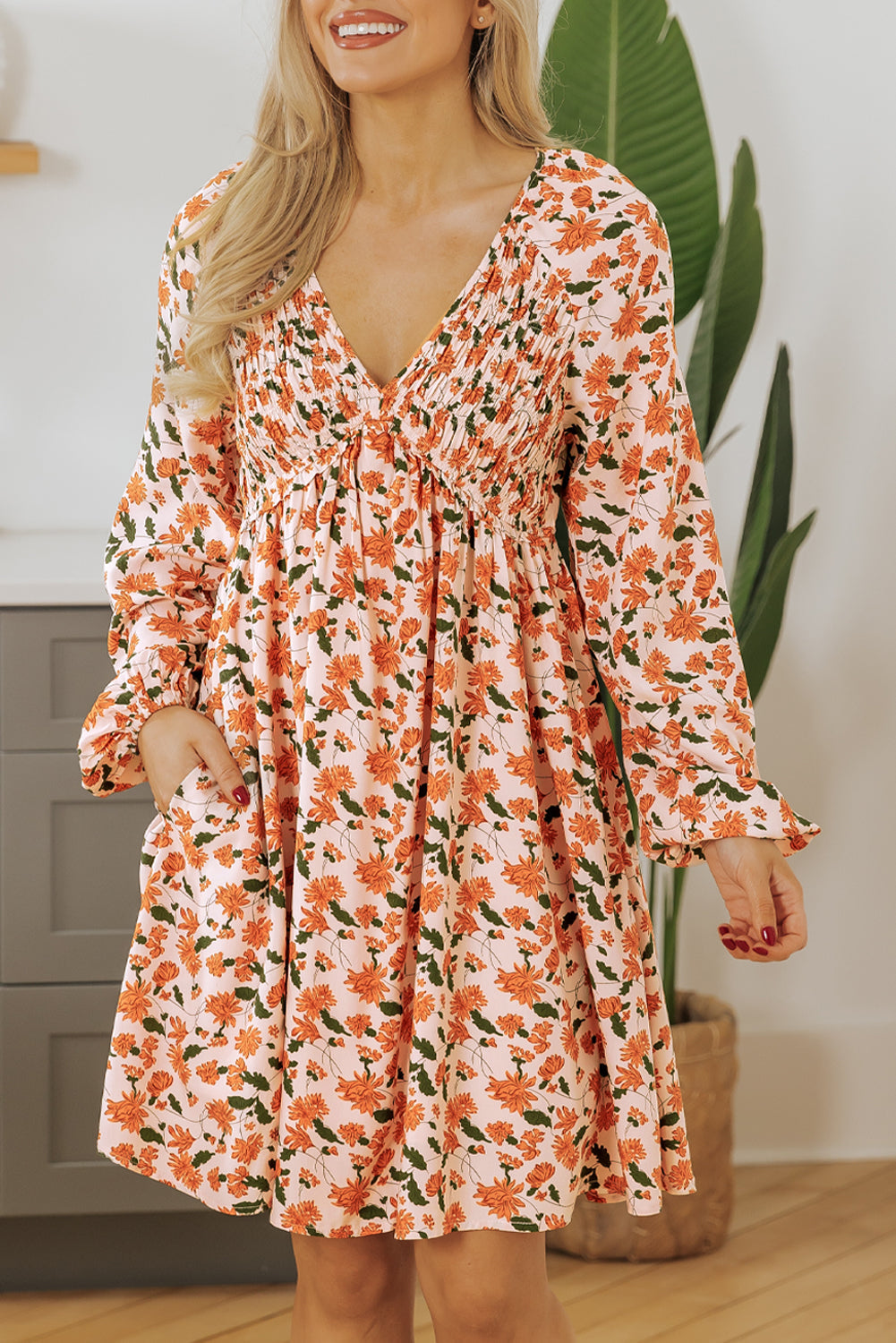Beige Floral Deep V Neck Smocked Bust Bubble Sleeve Babydoll Dress eAura