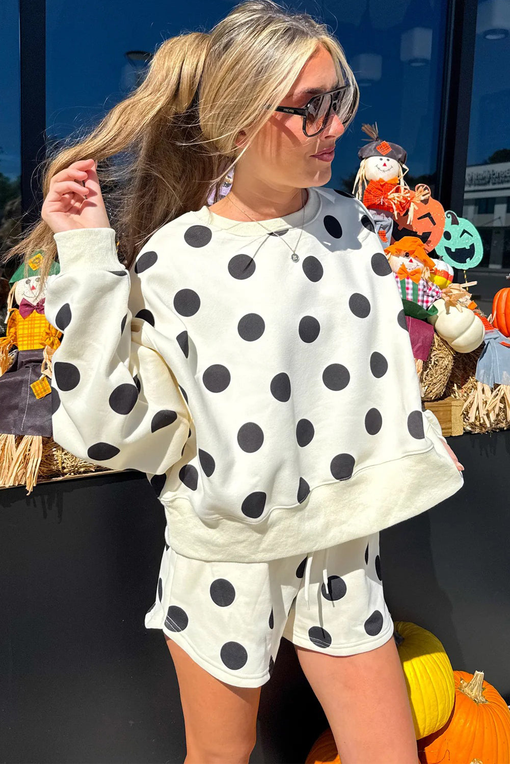 Polka Dot Print Drop Shoulder Pullover Drawstring Shorts Set