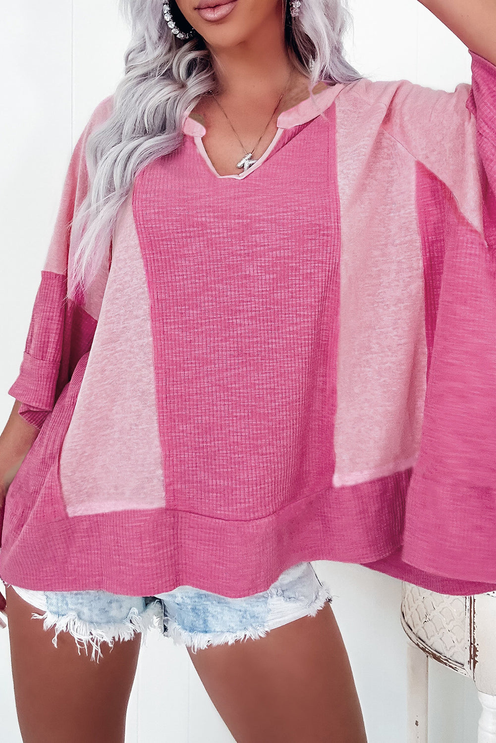 Bright Pink Textured Colourblock 3/4 Sleeve Oversize Top Beagle Boutique Fashion Outlet