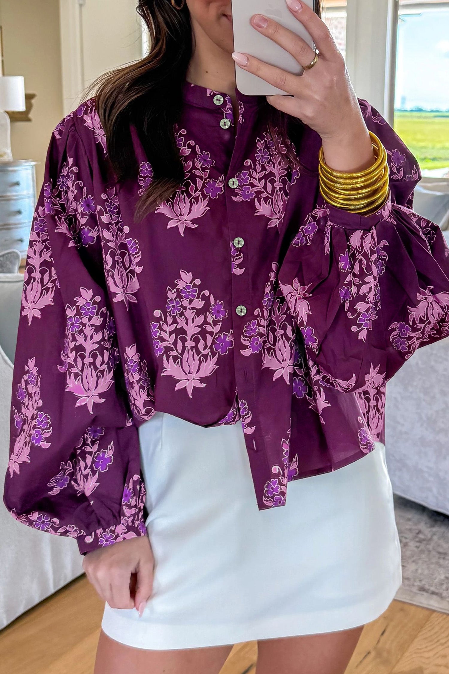 Floral Print Button Front Long Puff Sleeve Shirt – Purple