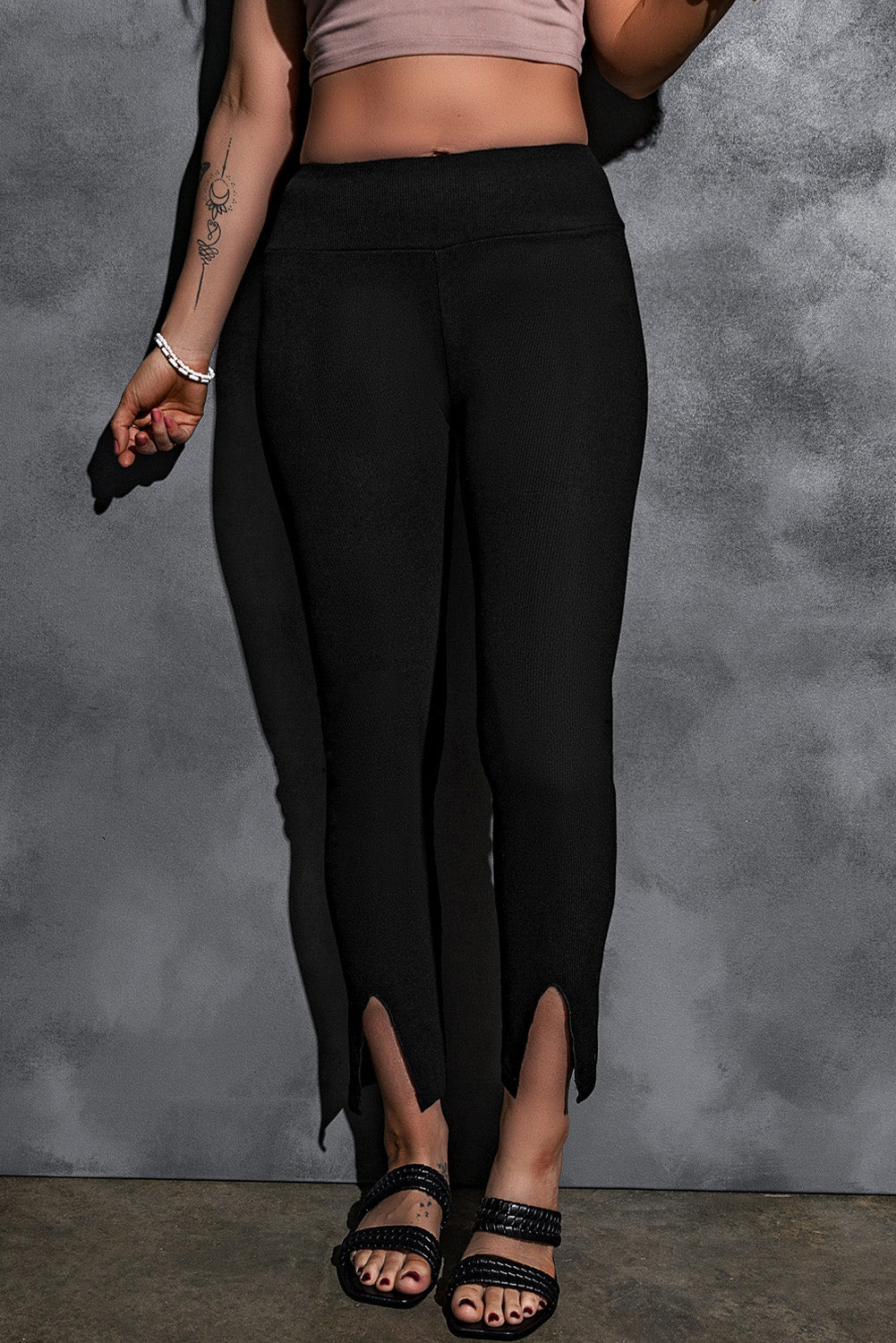 Black Rib Knit High Waist Slit Leggings Beagle Boutique Fashion Outlet