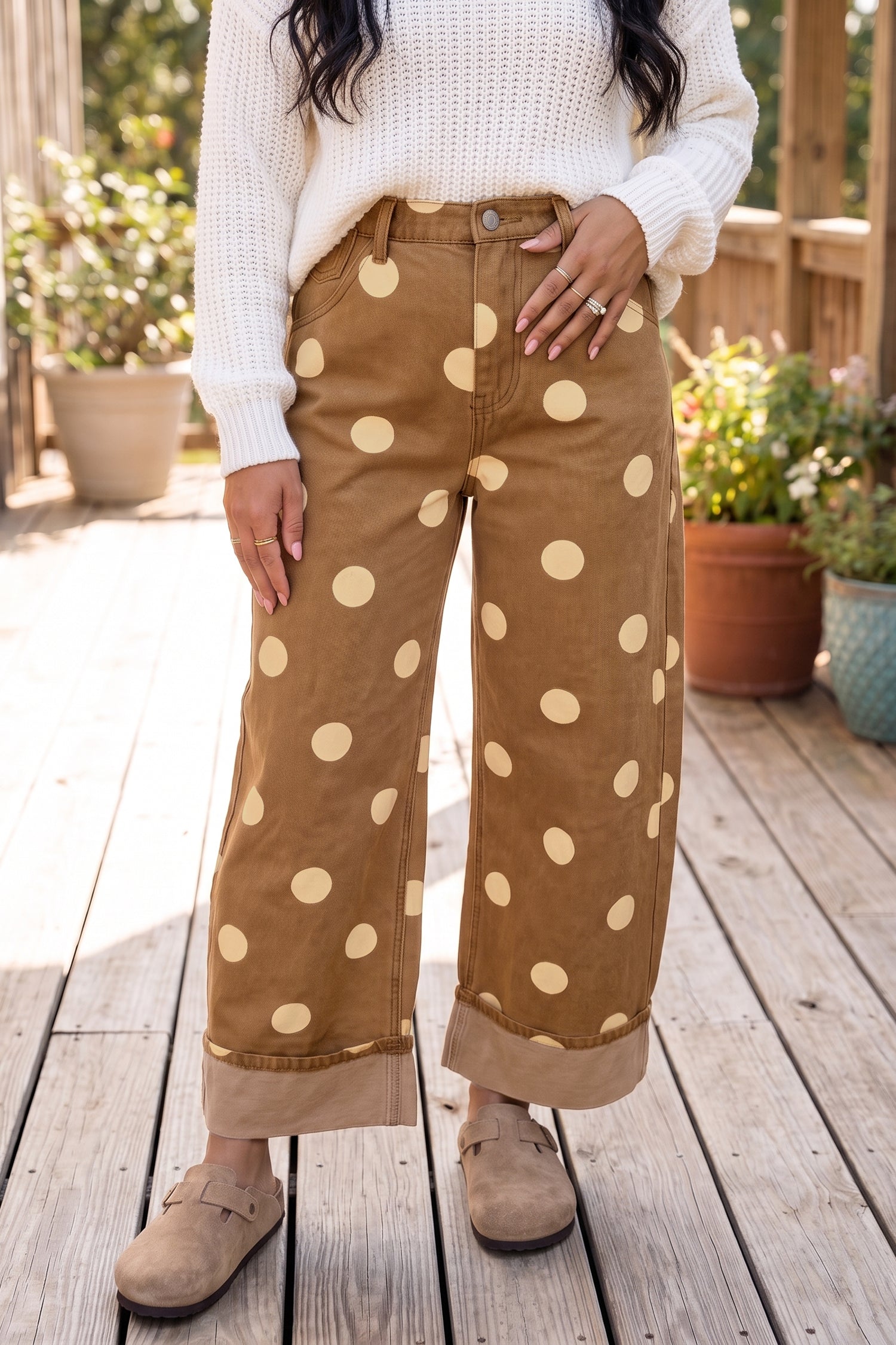 Polka Dot Ankle-Length Metal Button Casual Jeans – Brown