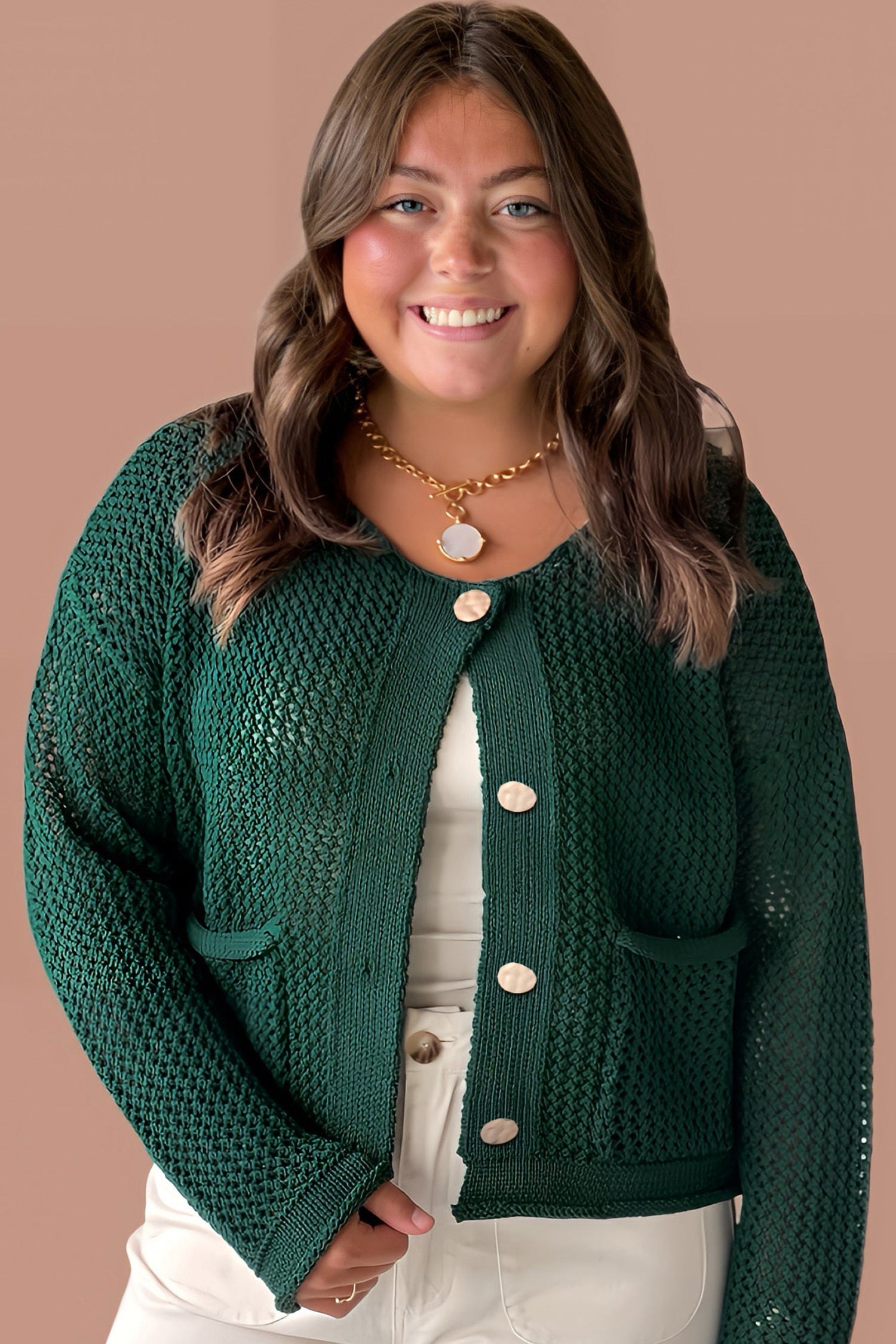 Plus Size Golden Accent Buttons Short Sweater Cardigan - eAura