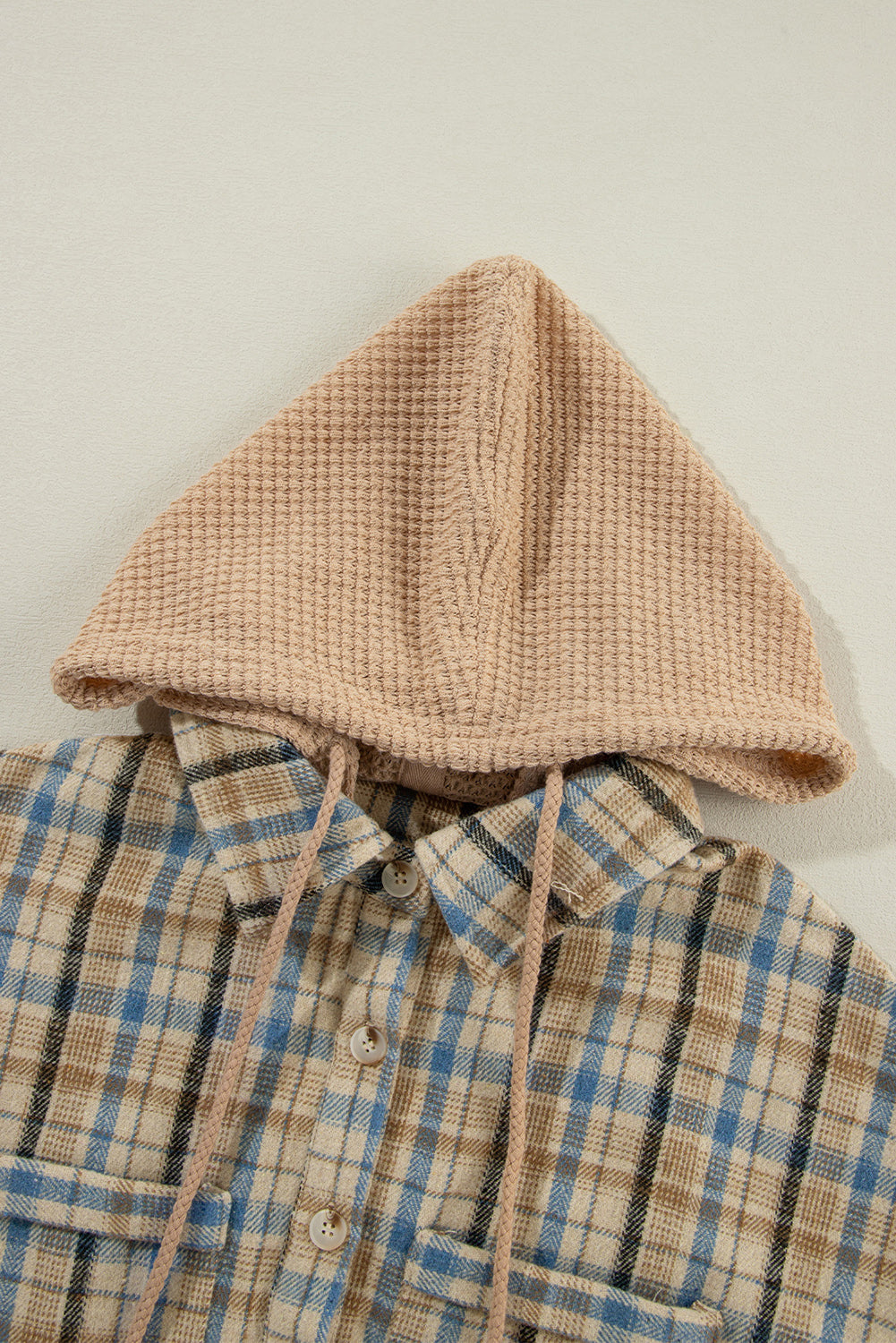 Ashleigh Blue Waffle Knit Patchwork Hooded Plaid Shacket eAura