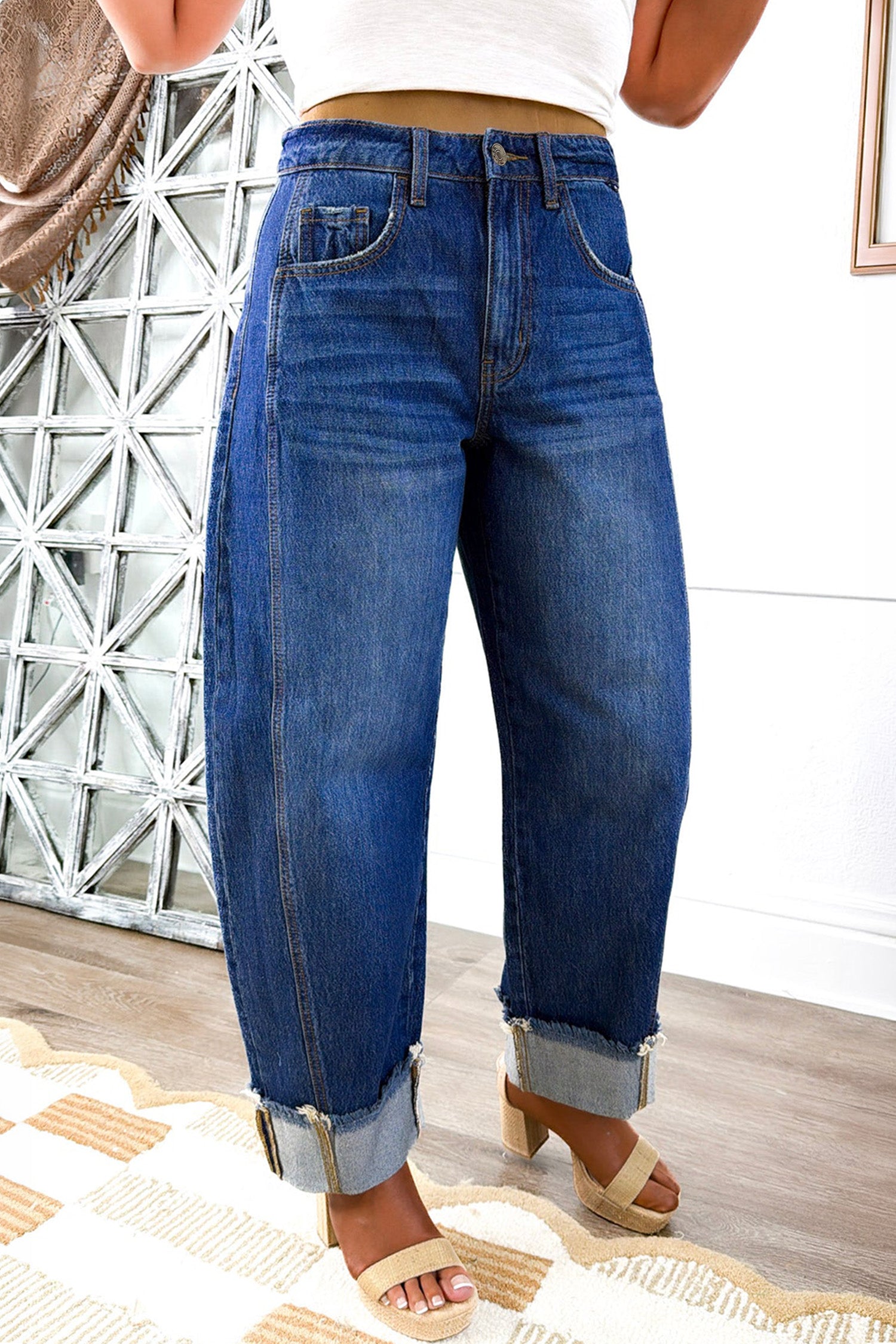Raw Hem Turnup Loose Ankle-length Jeans – Sail Blue