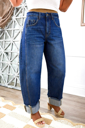 Raw Hem Turnup Loose Ankle-length Jeans – Sail Blue