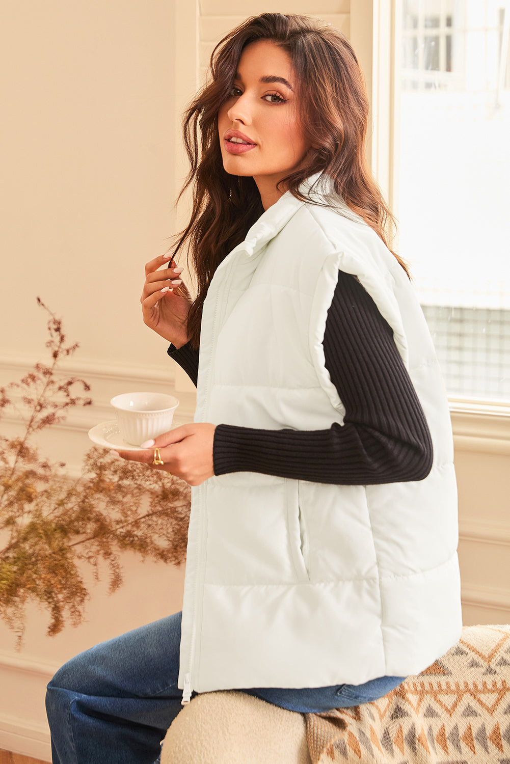 Beige Zipper Stand Neck Oversized Puffer Vest - eAura