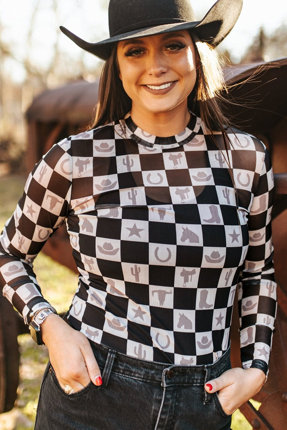 Black Checkerboard Western Elements Printed Mesh Long Sleeve Top eAura