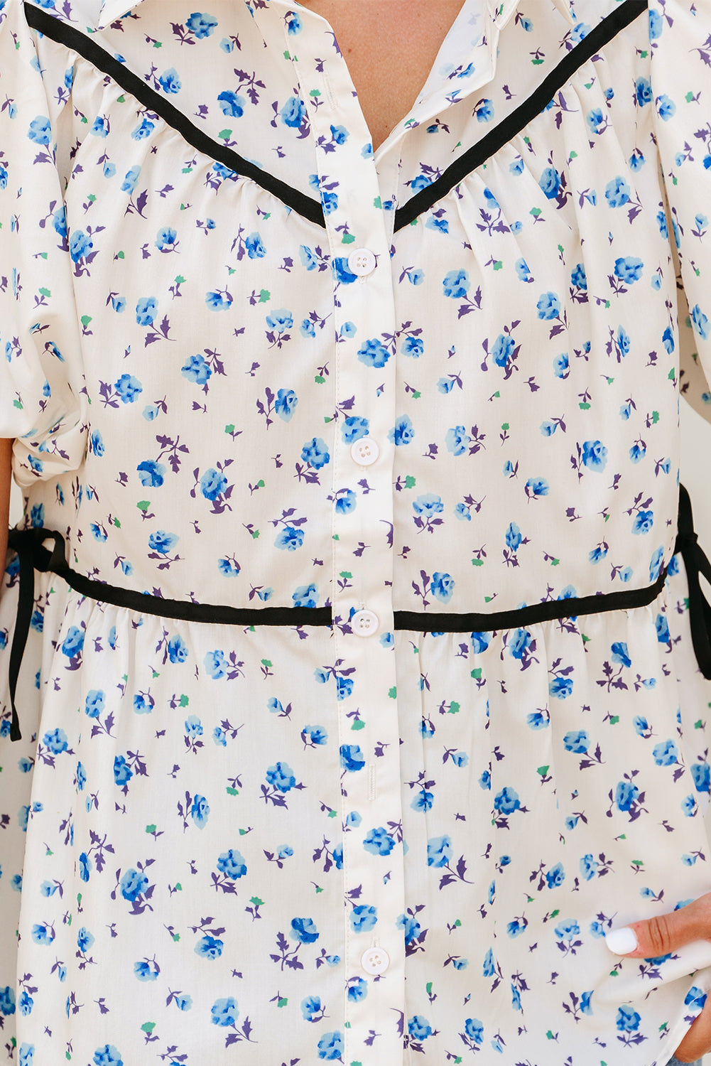 White Contrast Trim Floral Puff Short Sleeve Shirt BB Fashion Outlet