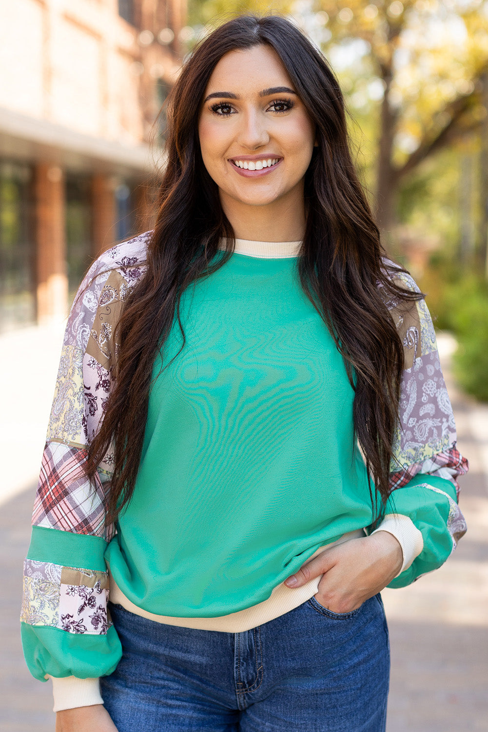Aruba Blue Plaid Vintage Paisley Patchwork Long Sleeve Raglan Top Beagle Boutique Fashion Outlet