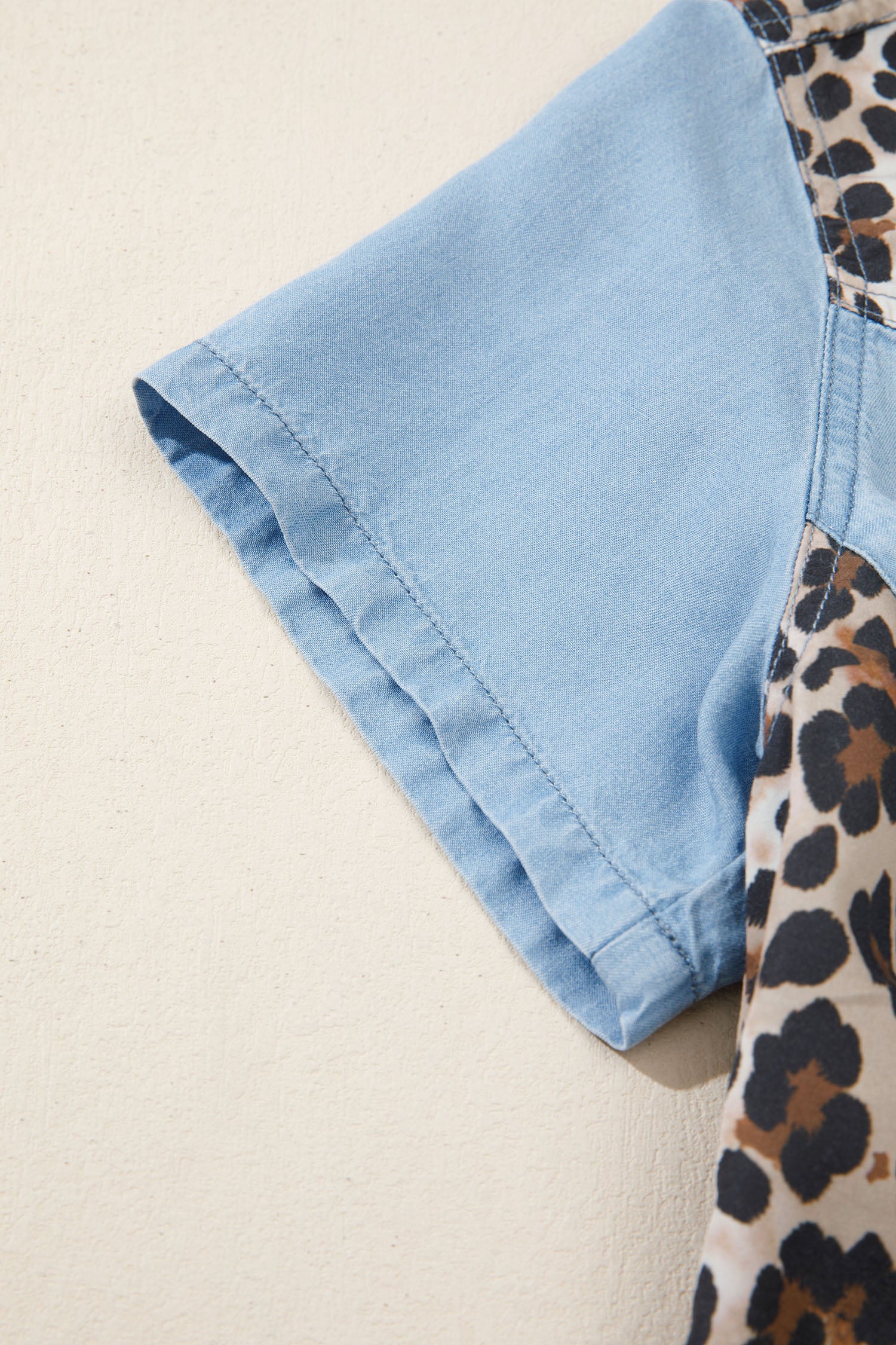 Denim Leopard Patchwork Shirt Collar Mini Dress – Blue
