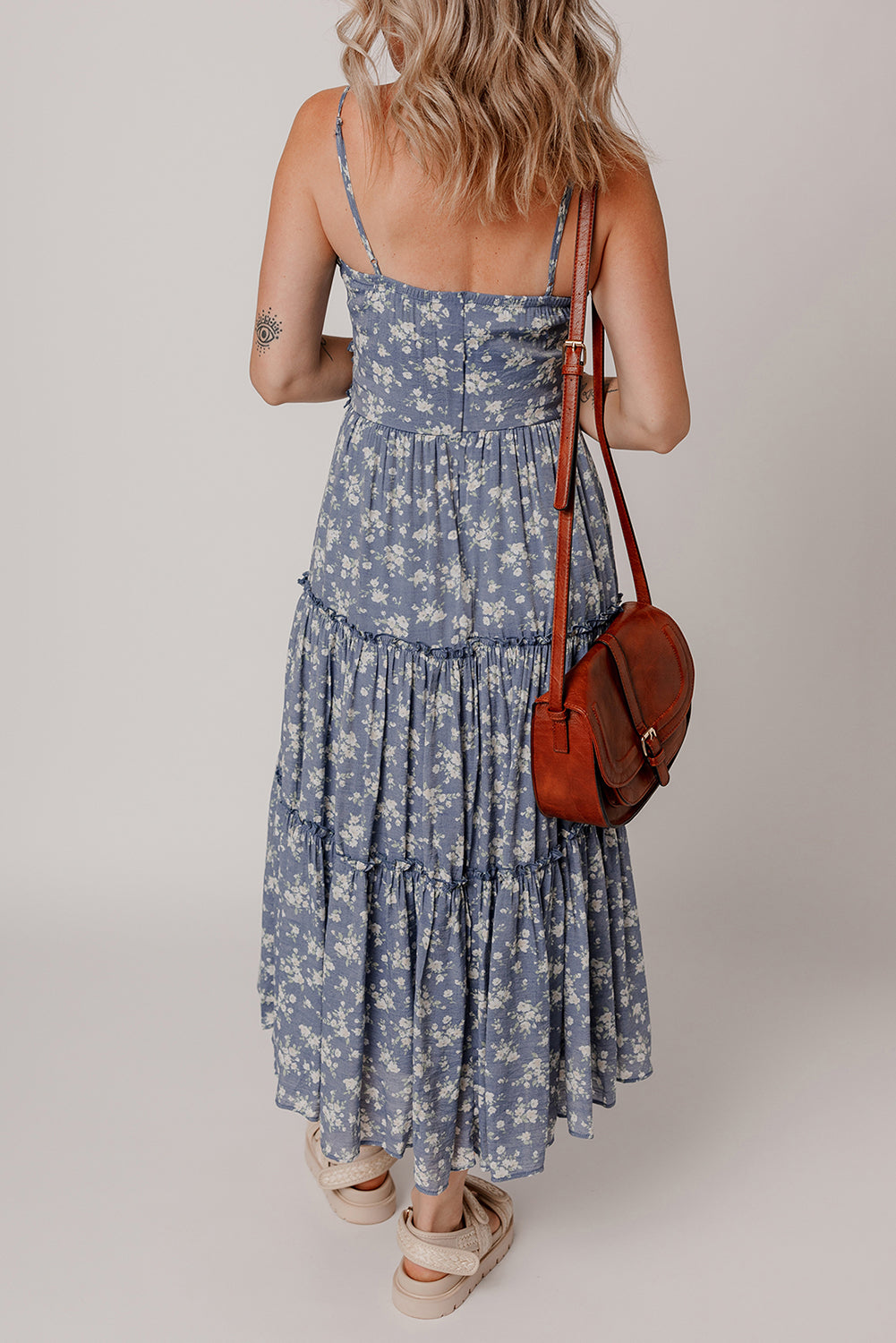 Blue Floral Spaghetti Strap Frilled V Neck Tiered Midi Dress eAura
